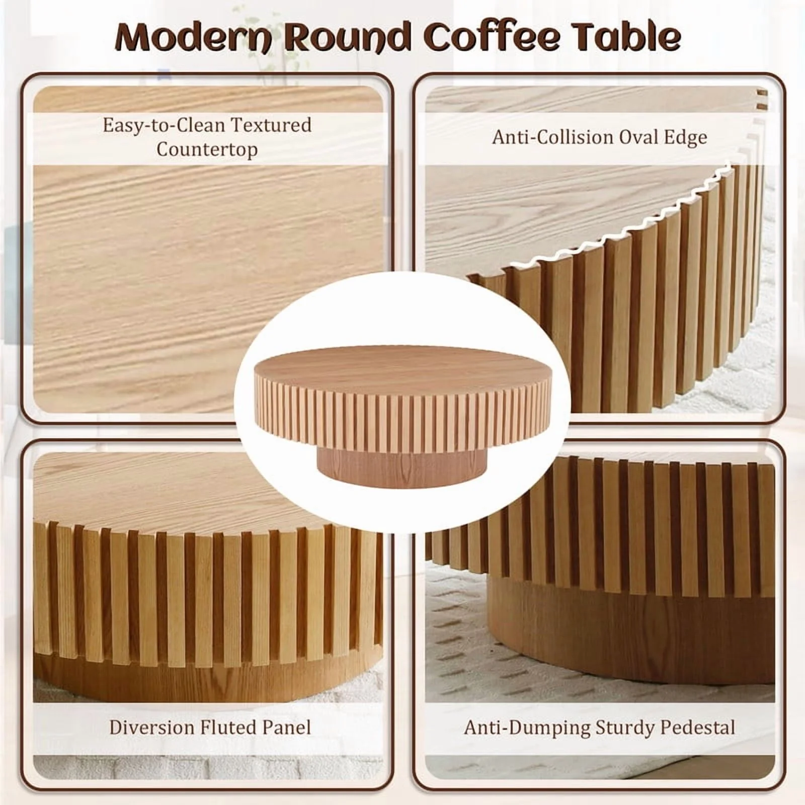 FFH 43.7 inch Oval Coffee Table for Living Room,Handcraft Rustic Corner Coffee Table Nature Wood Relief Sturdy Pedestal for Apartmen,Side Table Centre Table,Nature Wood