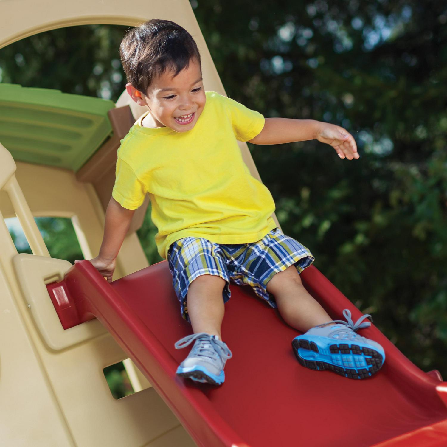 Step2 Neighborhood Fun Center Brown Playhouse with Slide Plastic Kids Outdoor Toys