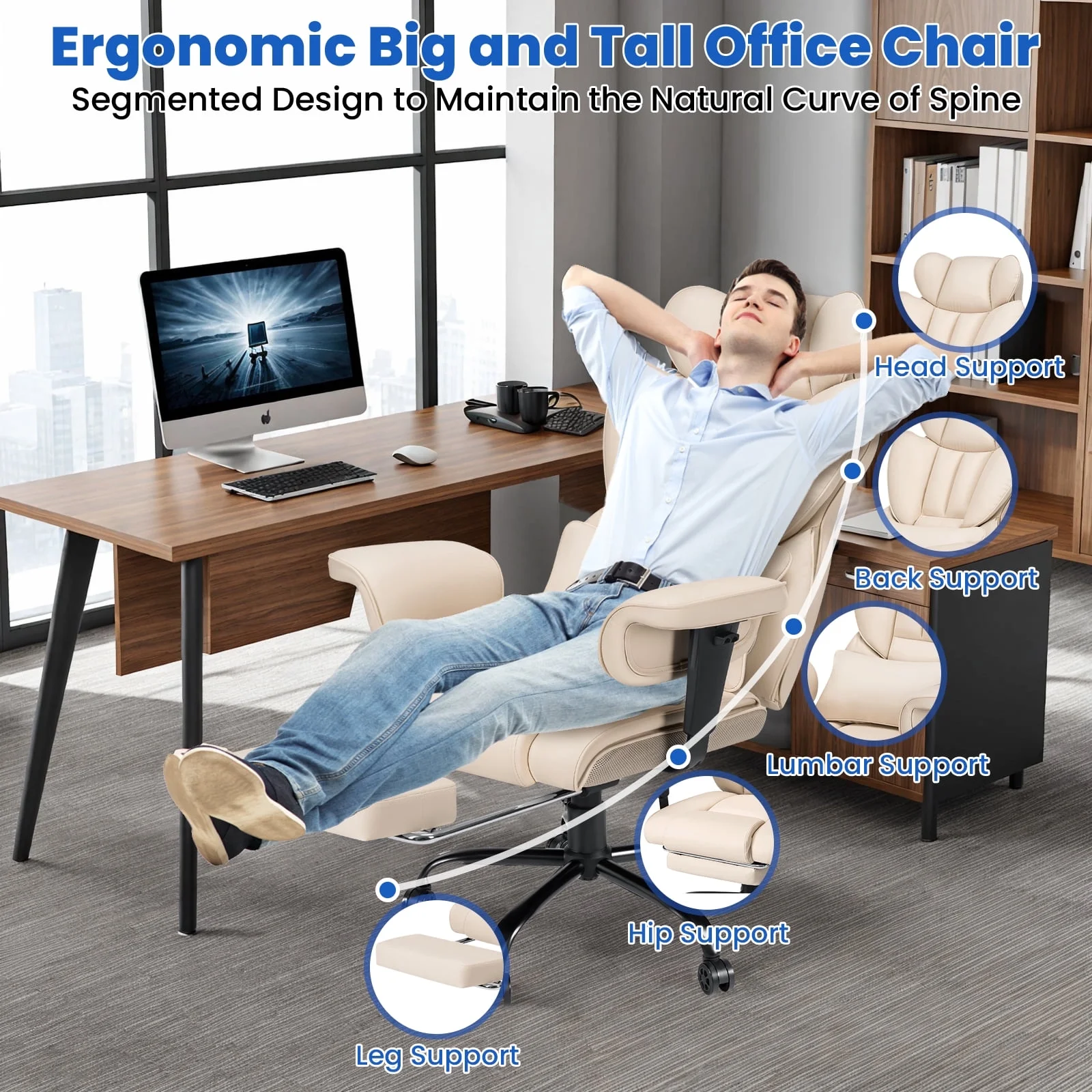 Hoffree Big and Tall Fabric Office Chair 450lbs, Executive Desk Chair with Massage Ergonomic  Computer Chair with Footrest Reclining Desk Office Chair with Lumbar Support for Home Office