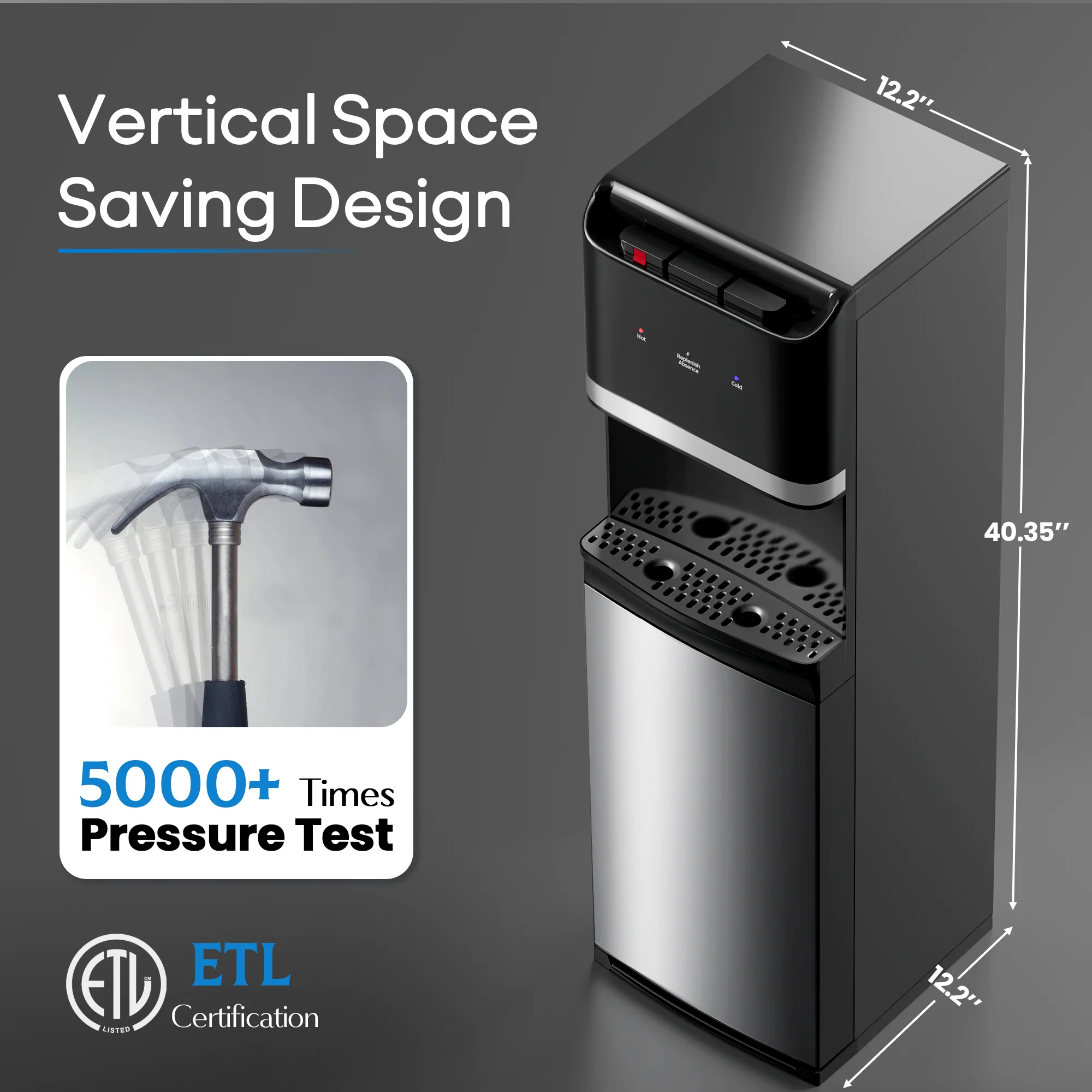 Manastin Bottom Loading Water Cooler Dispenser for 3-5 Gallon Bottles, Stainless Steel Water Cooler with 3 Temperature Settings - Hot, Cold & Room Water, Ideal Design for Home & Office