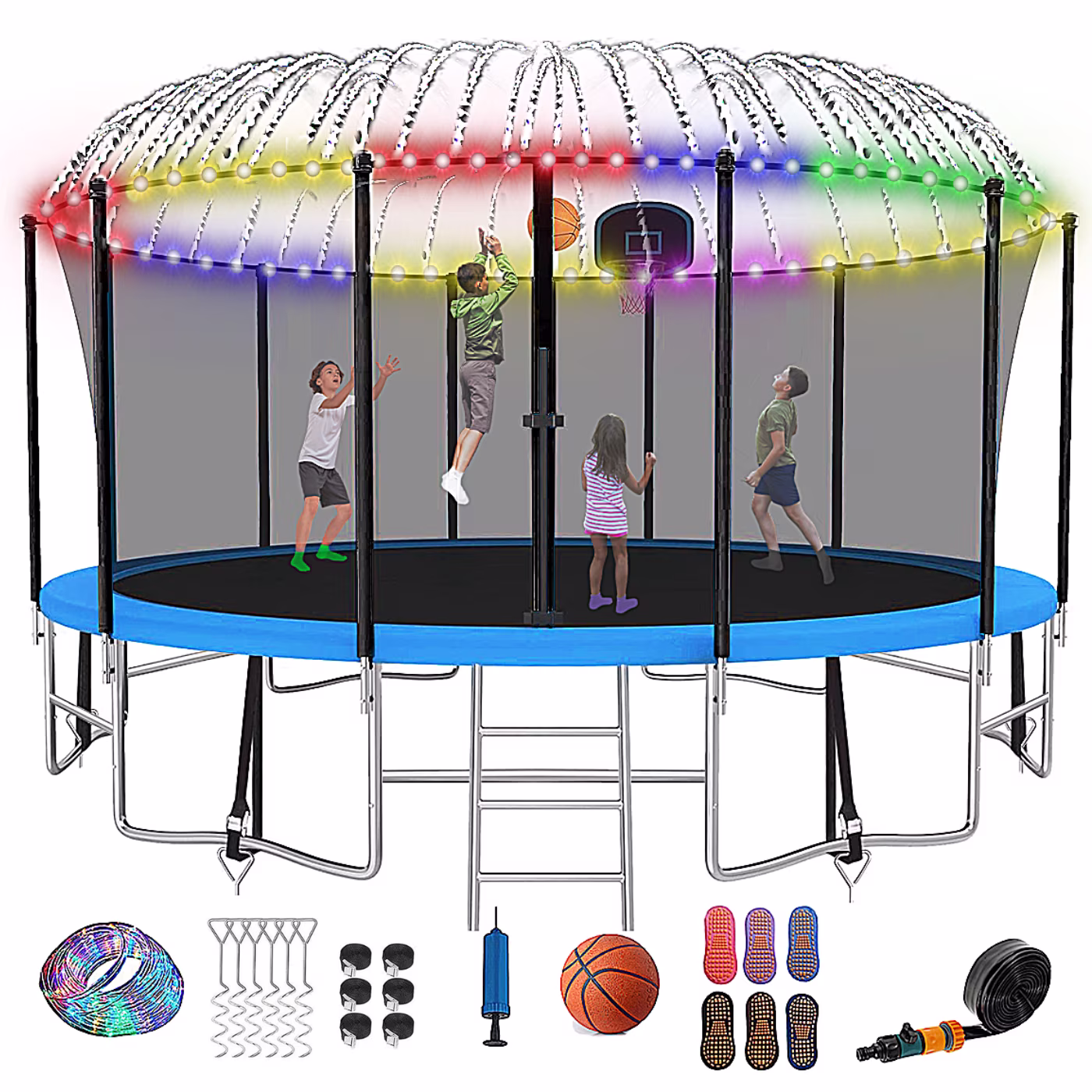 Fiziti Trampoline with Basketball Hoop & Enclosure, 2000lbs 12FT 14FT 16FT Trampoline for 6-8 Kids and Adults, Outdoor Backyard Trampoline with Light,Hose,Ladder, Socks
