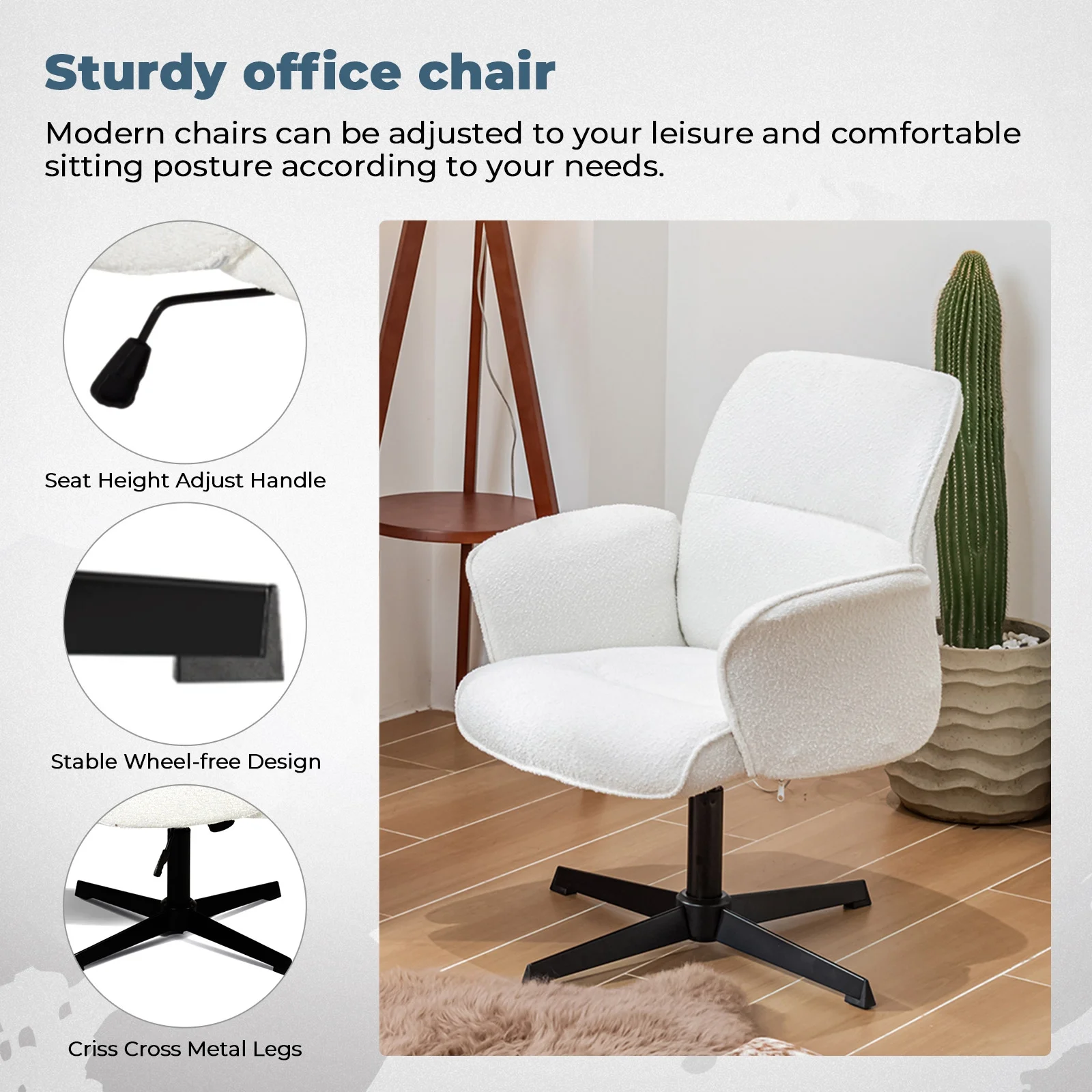 Homy Casa Ergonomic Criss Cross Leg Fabric Office Chair, Height Adjustable Wide Seat, Beige