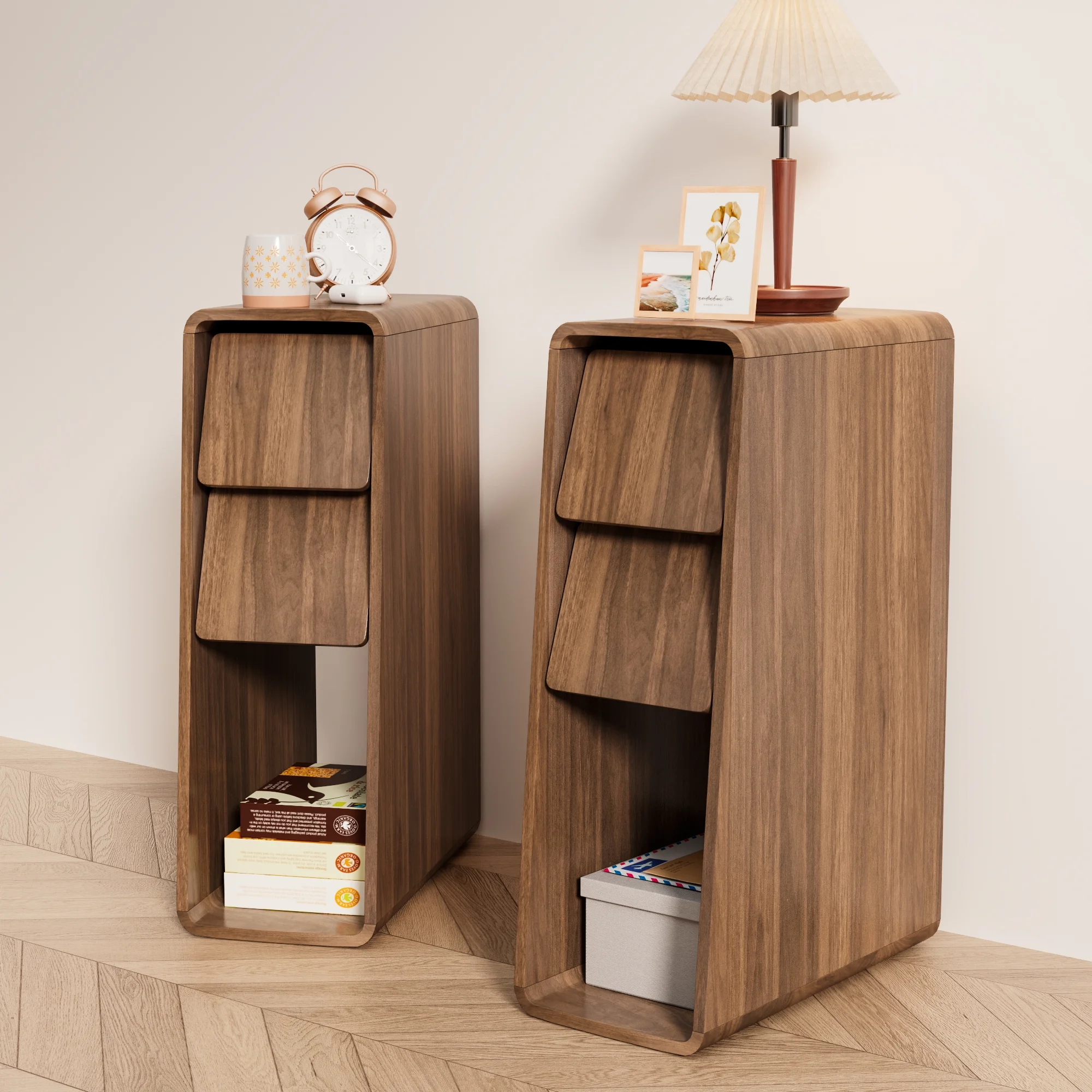Narrow Nightstand Set of 2 with Drawers, Fluted Slim Side End Table with Storage for Small Spaces