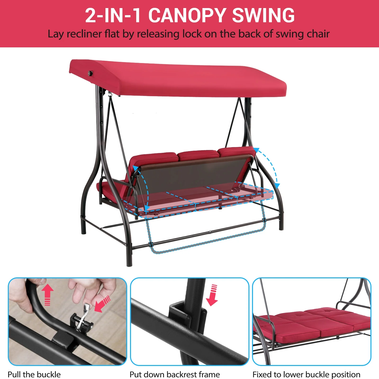 Pirecart 3 Person Patio Porch Swing Outdoor Converting Swing Glider Hammock with Adjustable Canopy, Cushions, Red
