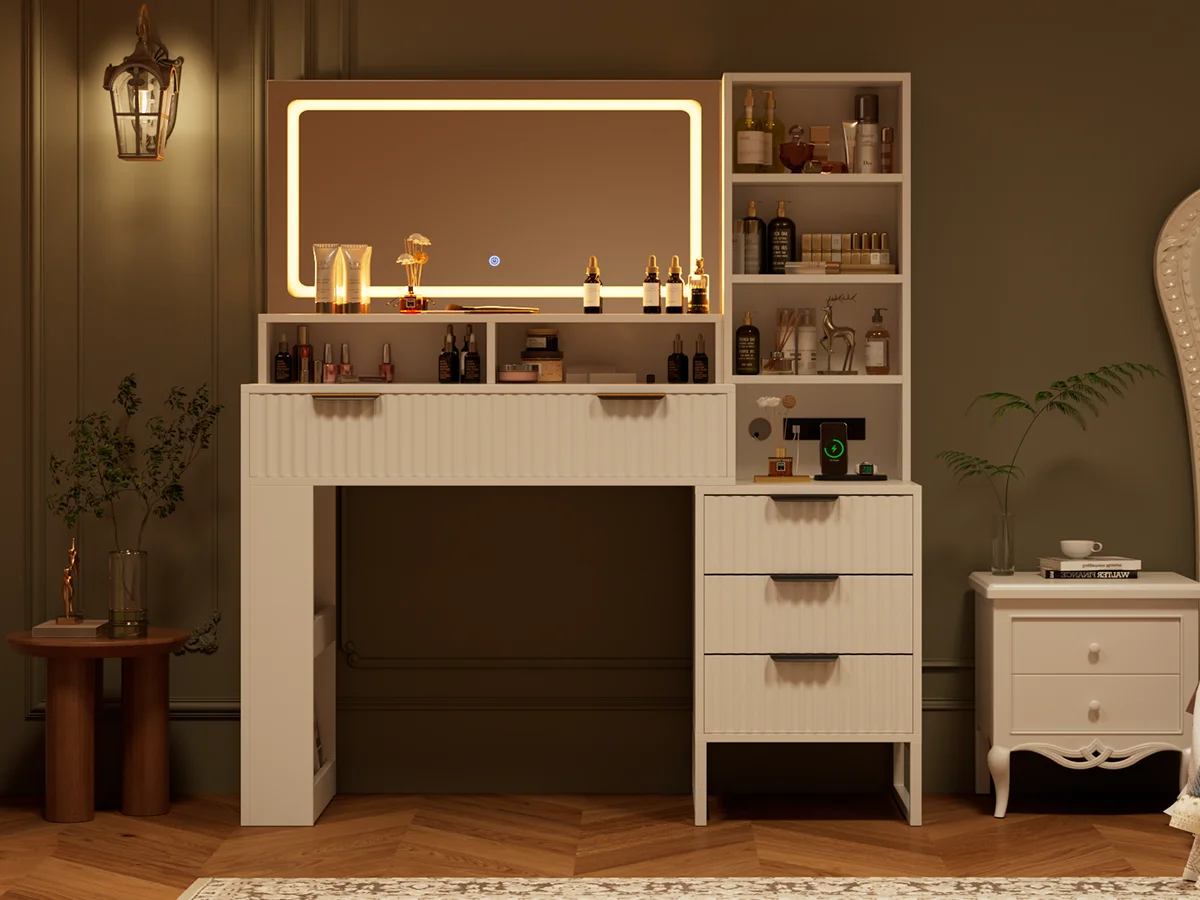 Vanity Table Set with Mirrors and Adjustable Lights ,Makeup vanity With Power Outlet for Bedroom Dressing Room,White