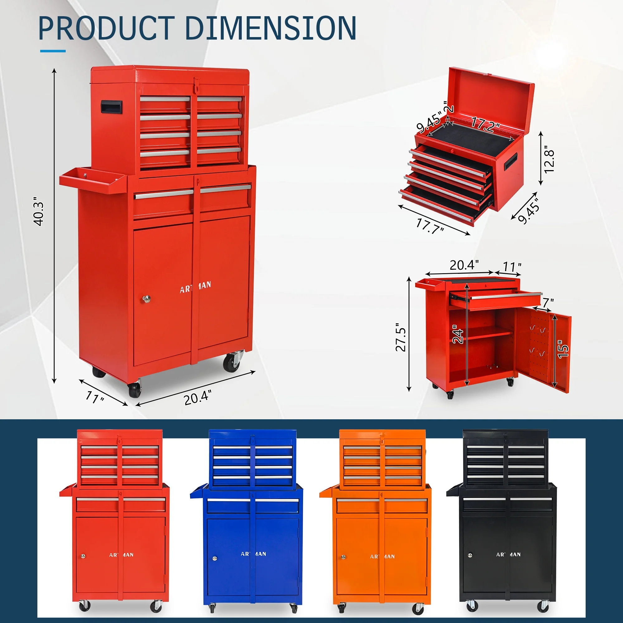 Tool Chest, 5-Drawer Rolling Tool Storage Cabinet with Detachable Top Tool Box, Universal Lockable Wheels