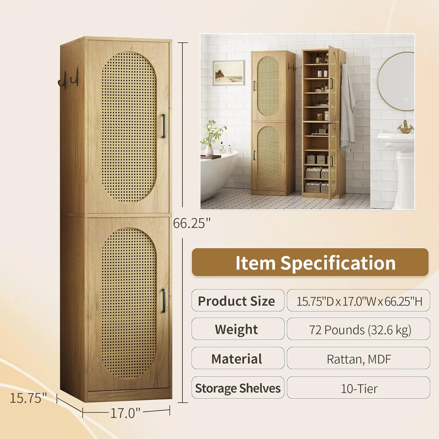 66-Inch Bathroom Storage Cabinet with Rattan Doors,  Bath Room Organizer Floor Cabinets Brown