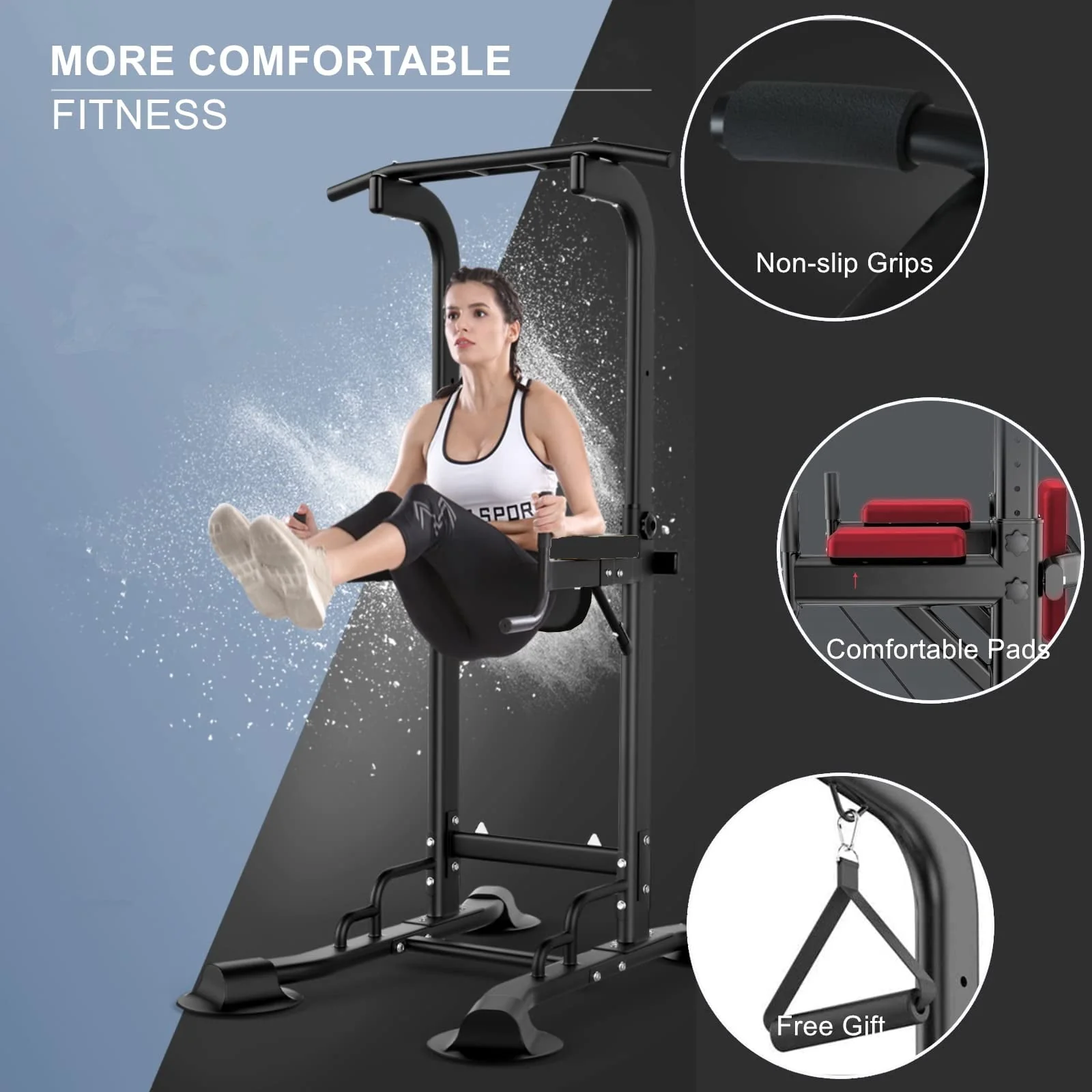 PROHIKER Power Tower Dip Station, Pull Up Bar Stand Power Rack with Backrest and Resistance Band, Height Adjustable Strength Training Equipment for Fitness Home Workout, Black