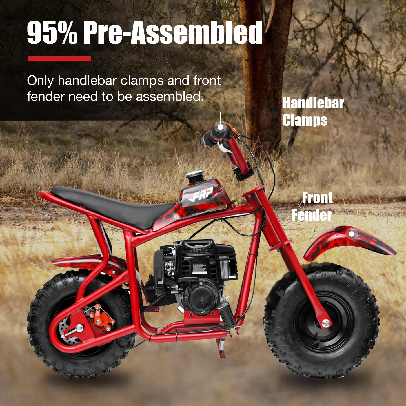 FRP 50cc Gas Dirt Bike - Red Mini Motorcycles for Young Riders, Gas Powered Mini Bike with Safety Kill Switch, Tubeless Tires, Easy Pull Start, and EPA Approved (Red)