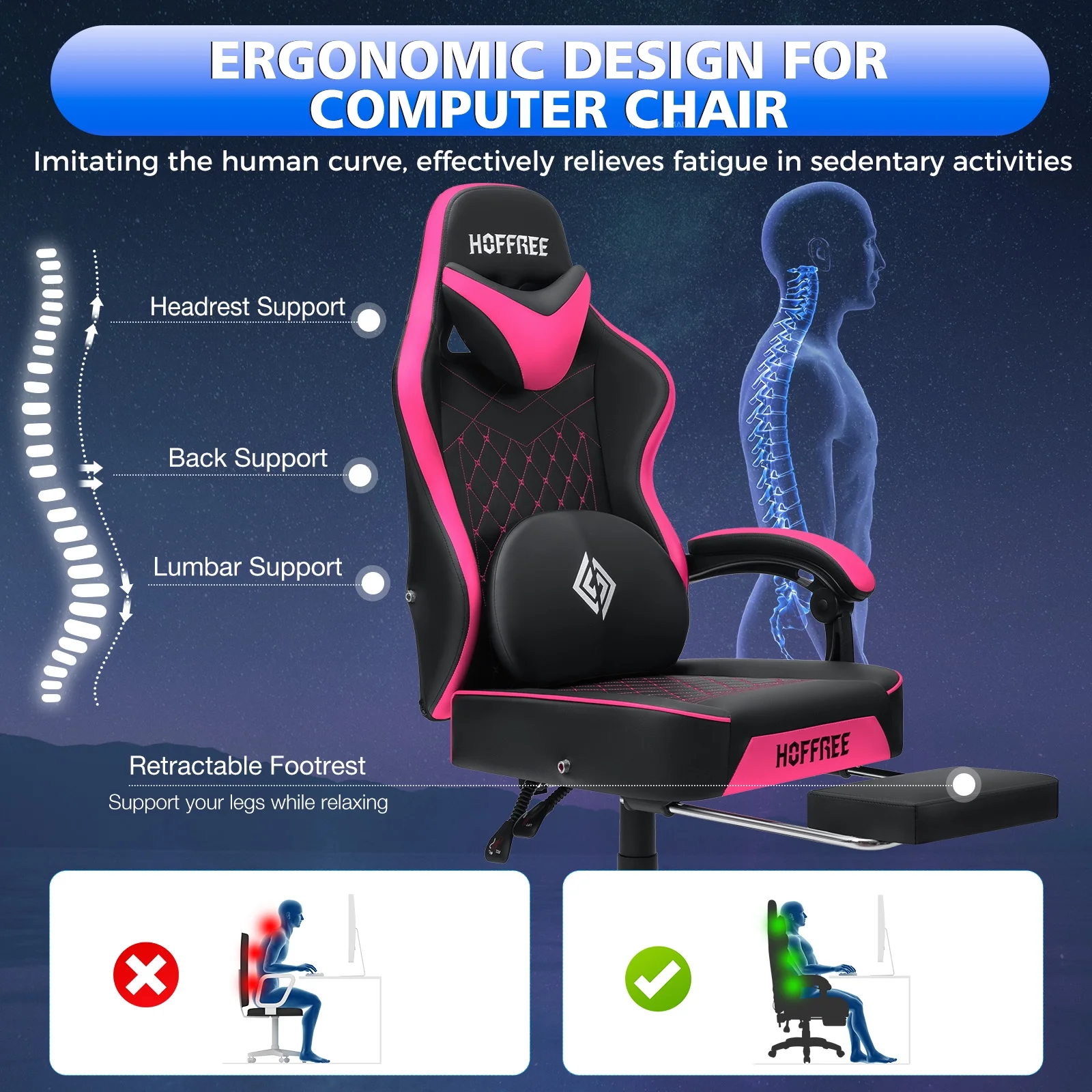Hoffree Gaming Chair with Speakers PU Gamer Chair with footrest and massage Egonomic Computer Game Chair with Headrest and Lumbar Support for Adults and Office Gaming, 440 LBS
