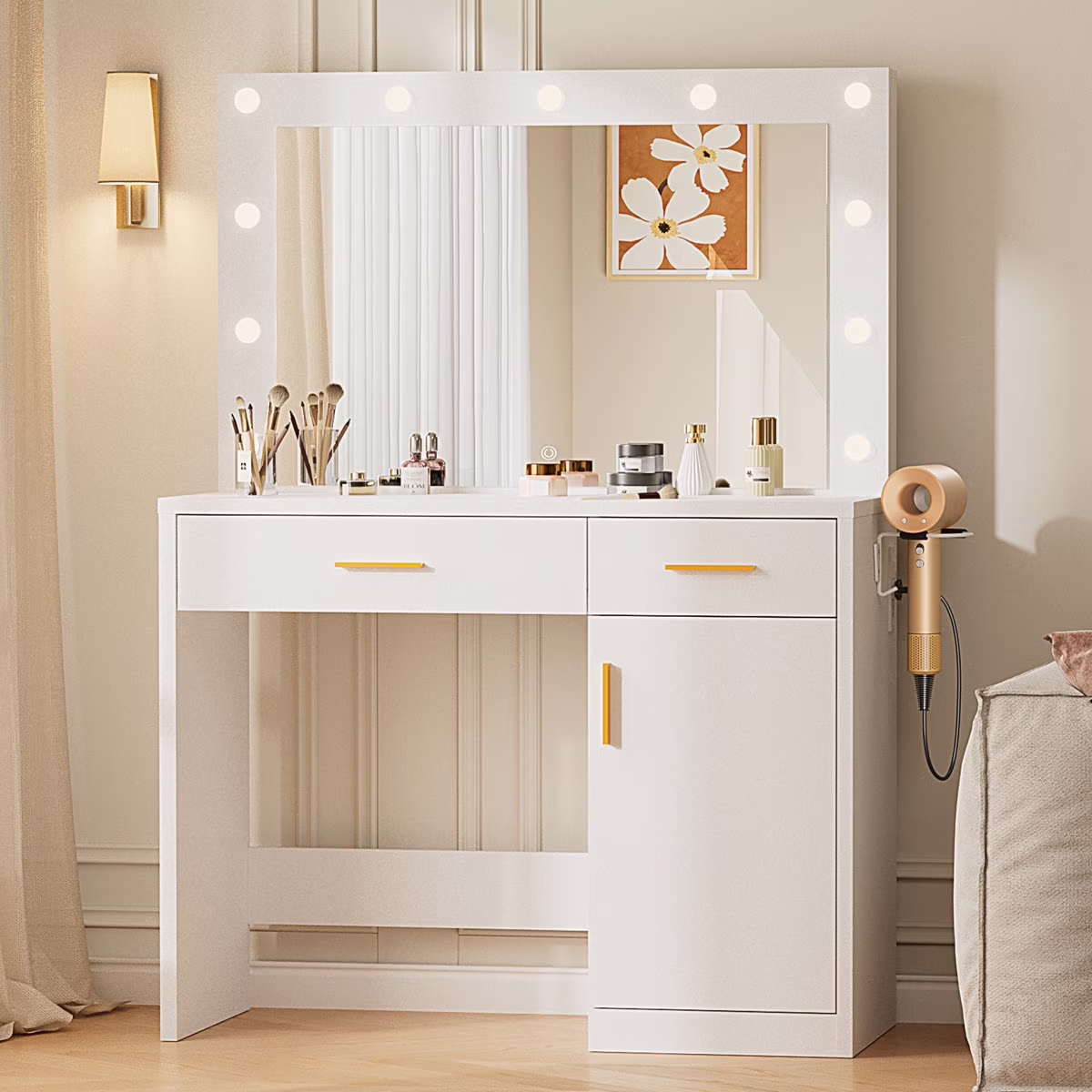 Blorly White Vanity Desk with Mirror, Makeup Vanity Table with LED Lights and Power Outlet, 3 Drawer, 4 Shelves, 1 Cabinet