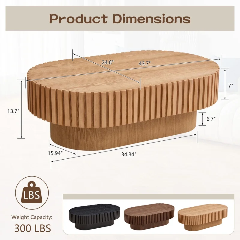 FFH 43.7 inch Oval Coffee Table for Living Room,Handcraft Rustic Corner Coffee Table Nature Wood Relief Sturdy Pedestal for Apartmen,Side Table Centre Table,Nature Wood