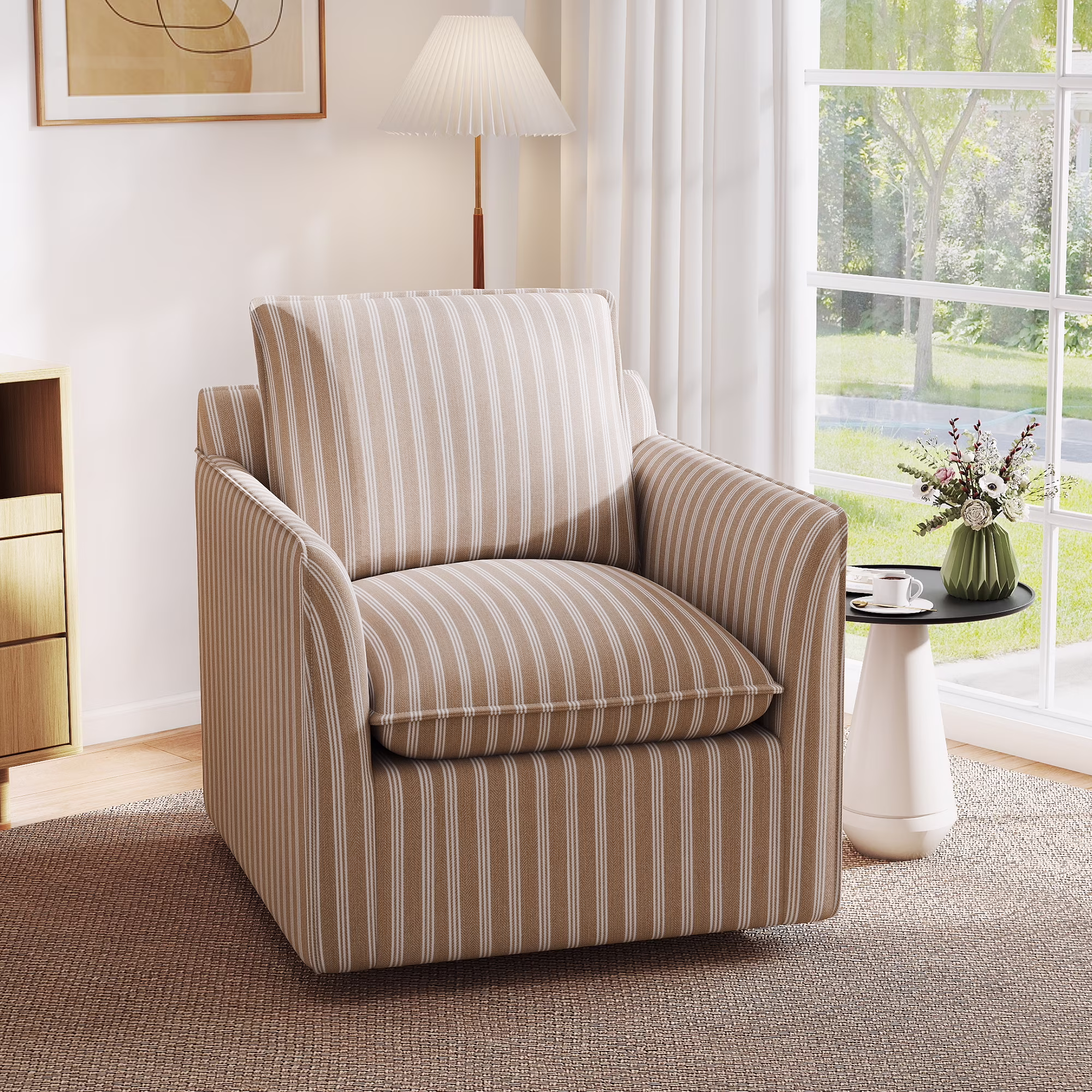 Bonzy Home 360�� Swivel Chair with Thick Cushion �C Blue Stripe Fabric Accent Chair for Living Room, Bedroom, Office �C Fully Assembled