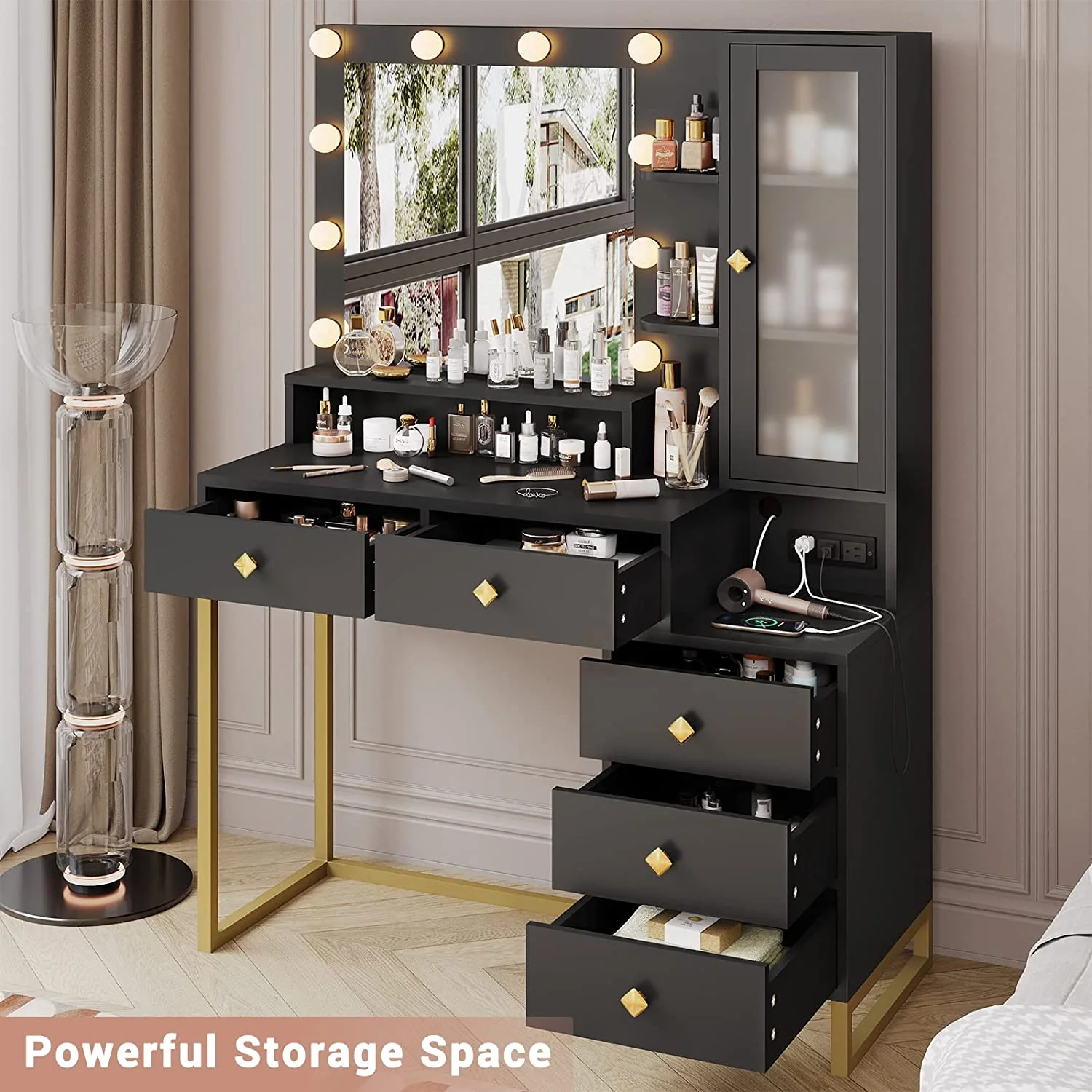 Afuhokles Large Makeup Vanity with Lights, Vanity Table with Charging Station Vanity Desk with Mirror and 10 LED Light Bulbs, 5 Drawers, White