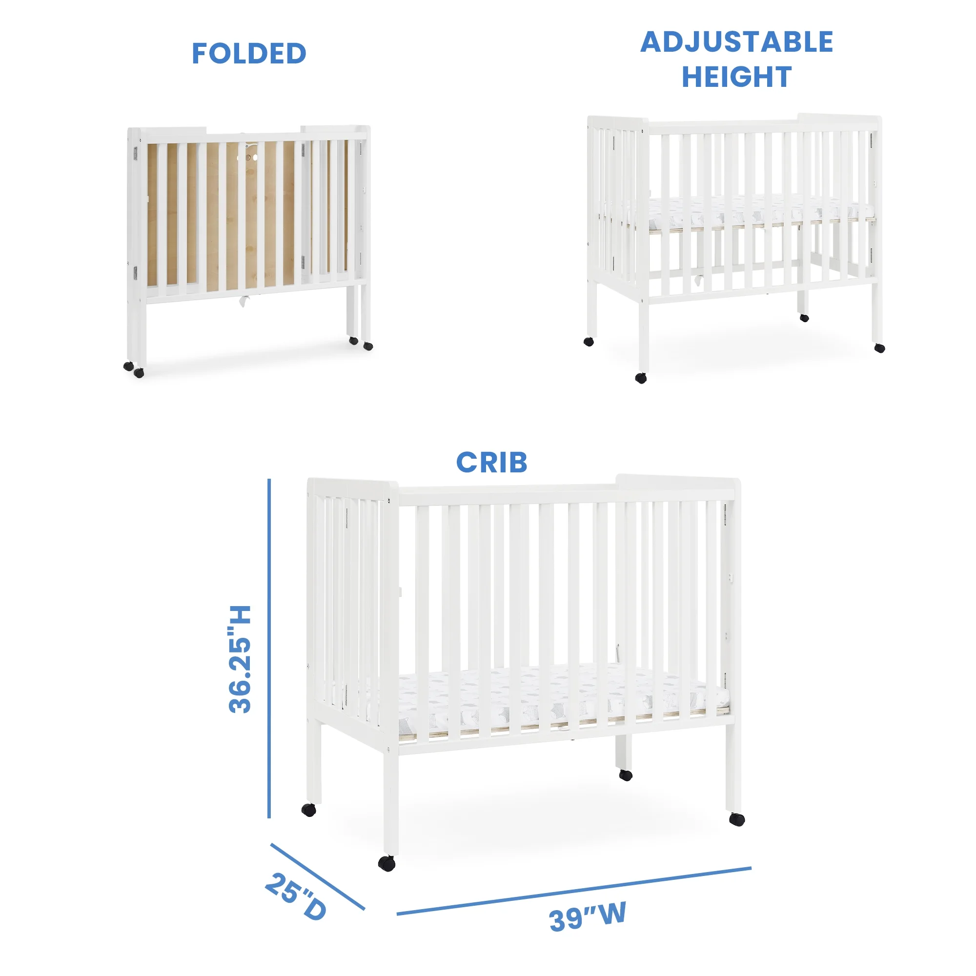 Delta Children Lee Portable Folding Mini Crib with 1.5-Inch Mattress - Greenguard Gold Certified, Bianca White