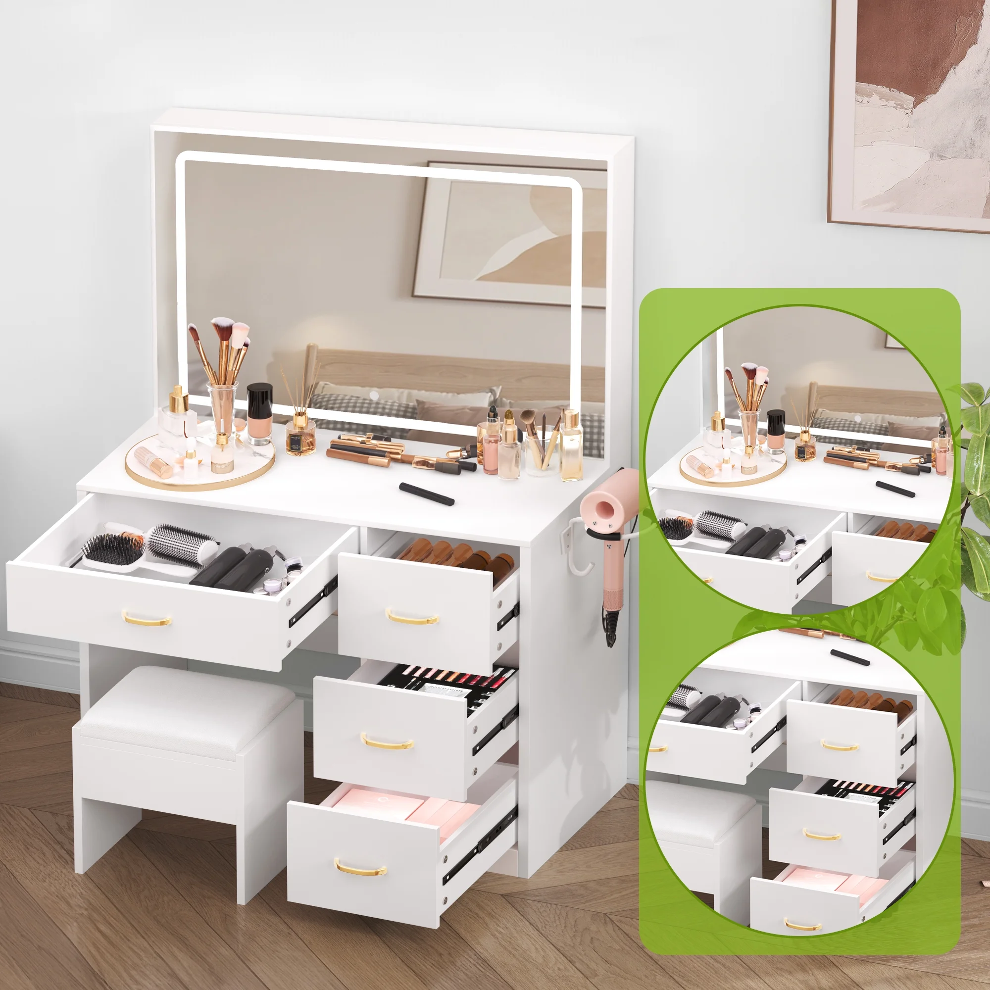 Dextrus Makeup Vanity Desk with Large Lighted Mirror and Storage - Enhance Your Beauty, Routine 4 Drawer Vanity Table with Cushioned Stool, Milky-White