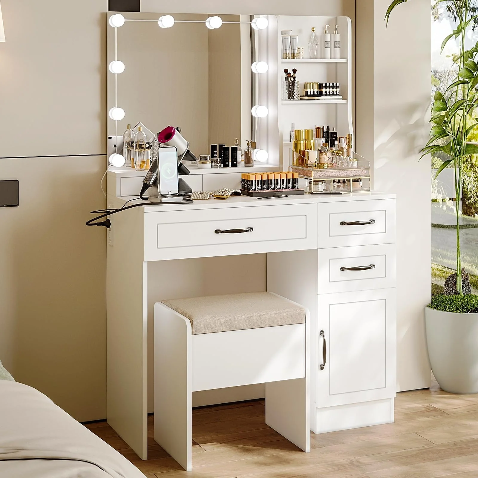 RichYa Makeup Vanity Table with Lighted Mirror Power Outlet Drawers and Cabinet for Bedroom White