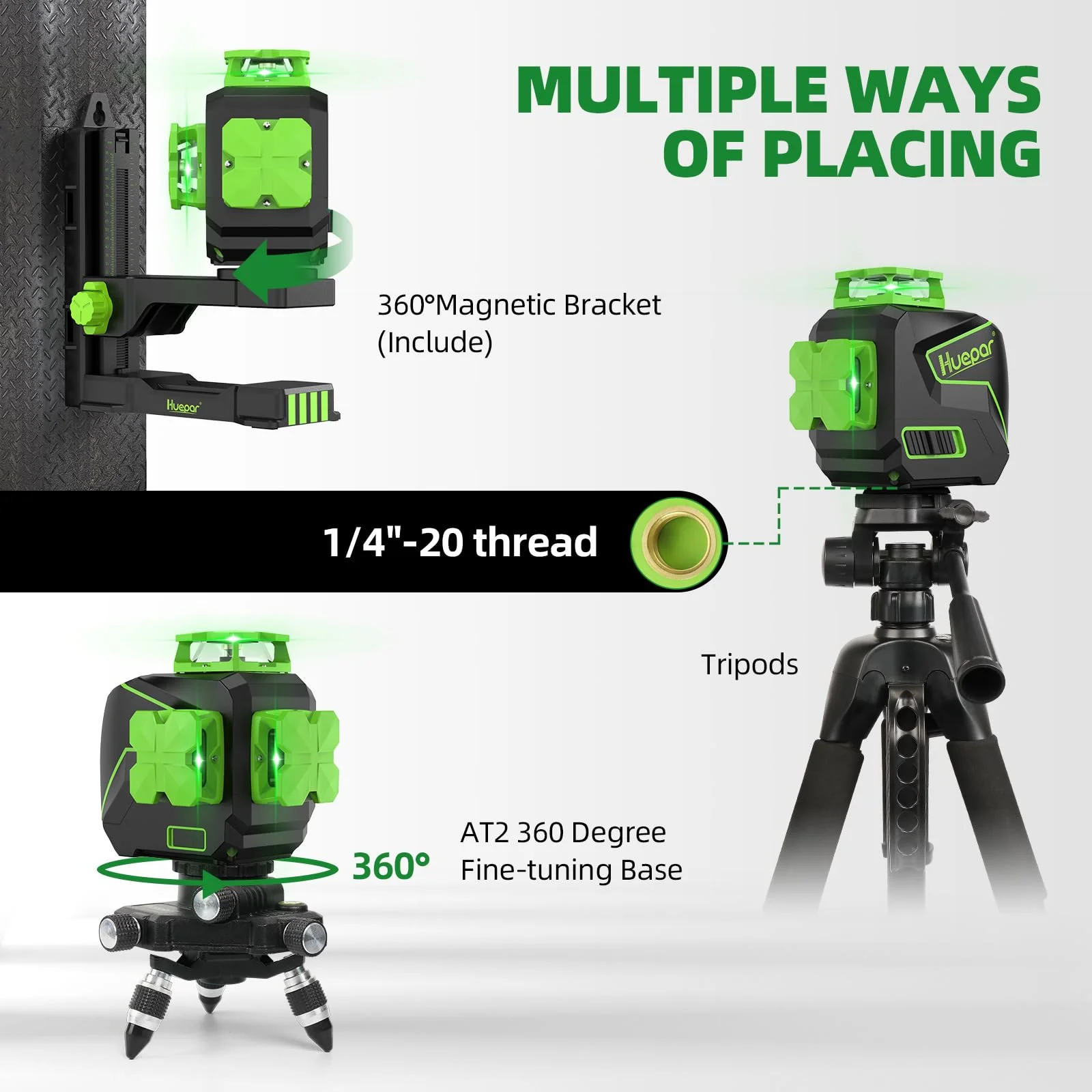 Huepar 3 x 360 Degree Cross Line Laser Level 3D Self-leveling Tiling Floor Green Beam Laser Leveler Tools with Li-ion Battery & Pivoting Base S03DG-L