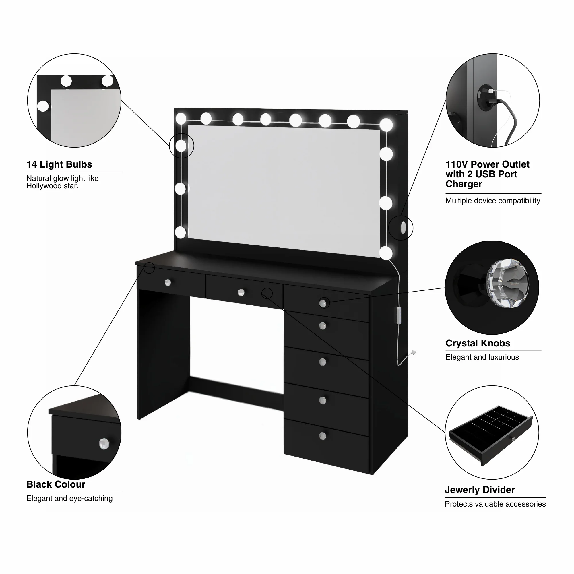 Boahaus GRWM Diana White Makeup Vanity with 7 Drawers, Mirror, Lights & Charging Station