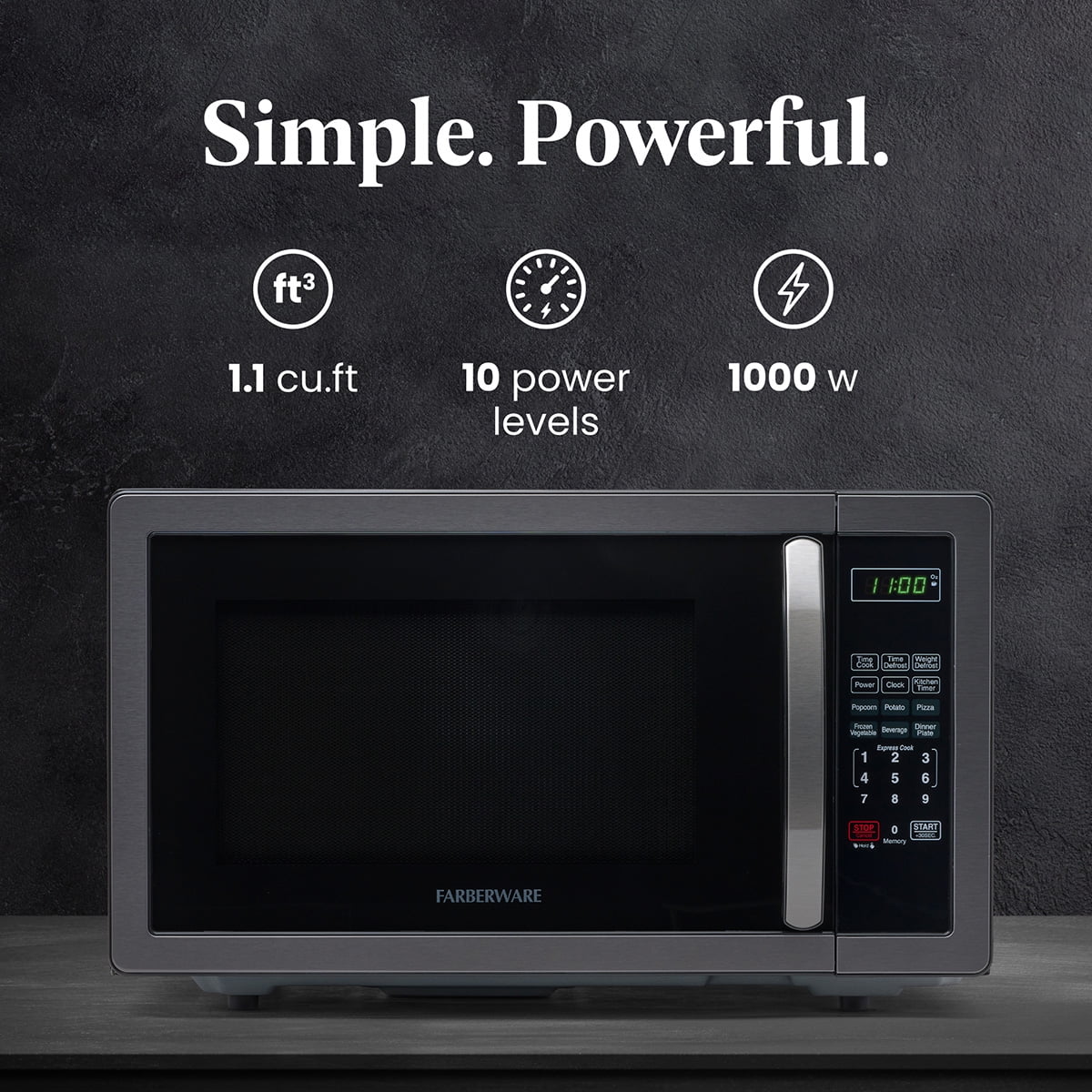 Farberware Stainless Steel Countertop Microwave Oven with Child Lock, 1.1 Cu Ft Black Stainless