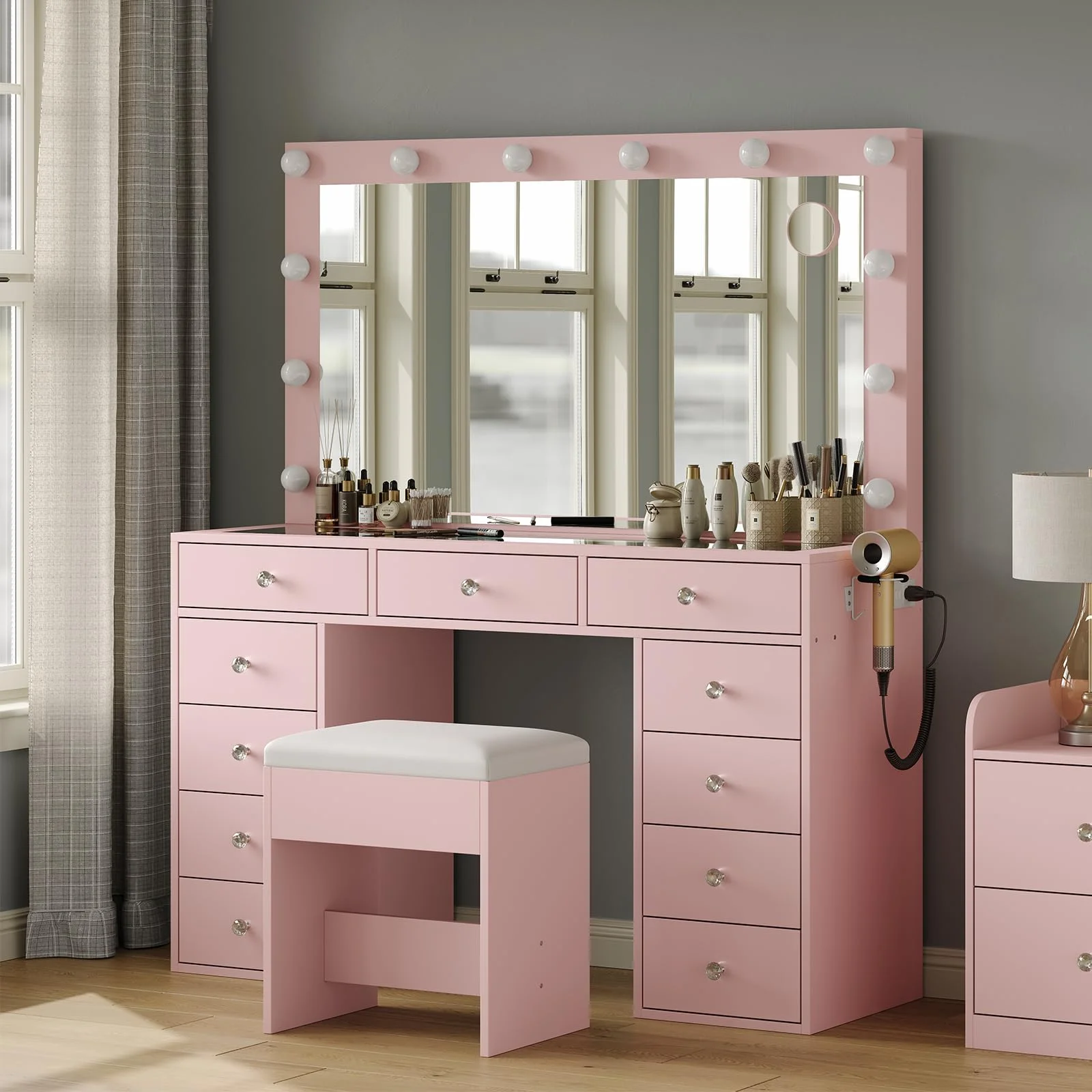 White Vanity Desk with Illuminated Mirror & Power Outlet, 11 Drawers Vanity Table with Chair, Makeup Vanity with 12 LED Lights, Tempered Glass Top, Dressing Table for Bedroom,Dressing Room