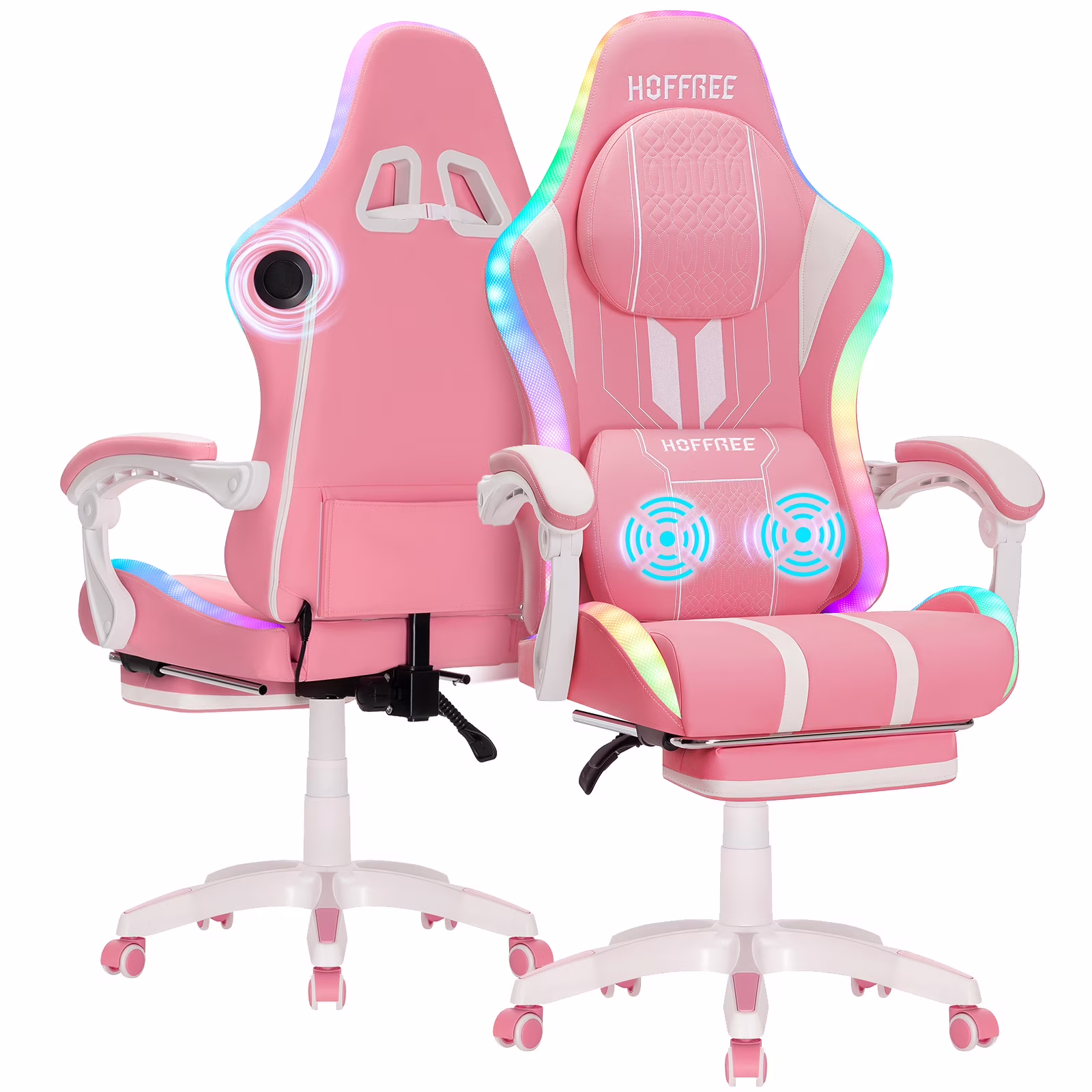 HOFFREE Big and Tall Gaming Chair with Speakers and RGB Lights, Gamer Chair with Footrest, Lumbar Support Height Adjustable 360-Swivel Seat and Headrest for Adults, 400lbs