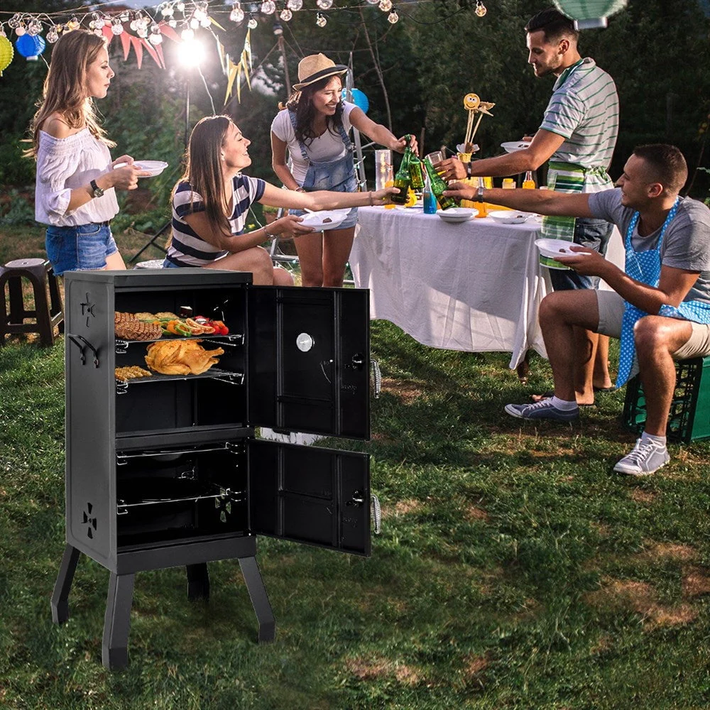Black Vertical Charcoal Smoker BBQ Barbecue Grill w/ Temperature Gauge Outdoor