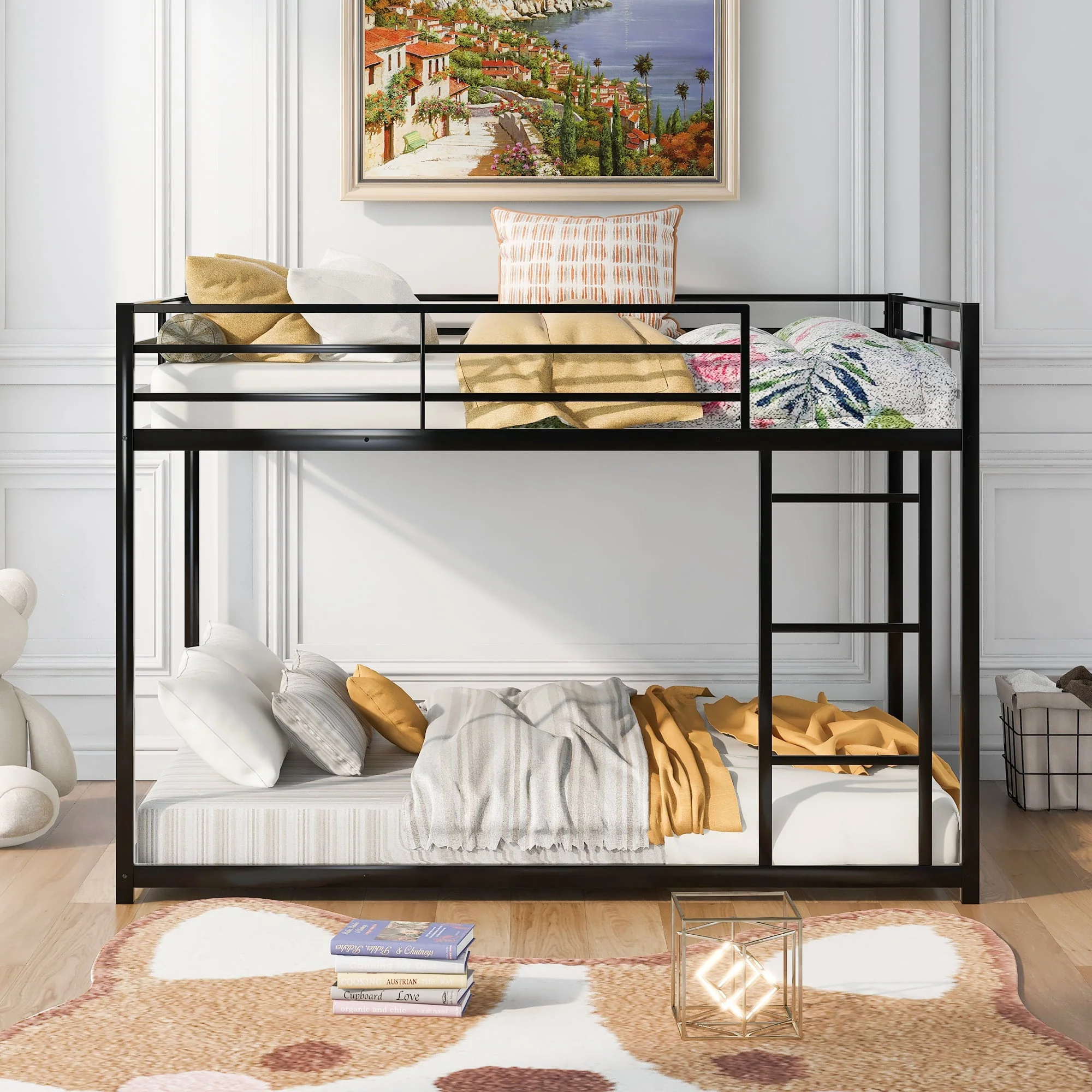 Euroco Full Metal Low Bunk Bed with Ladder, Black