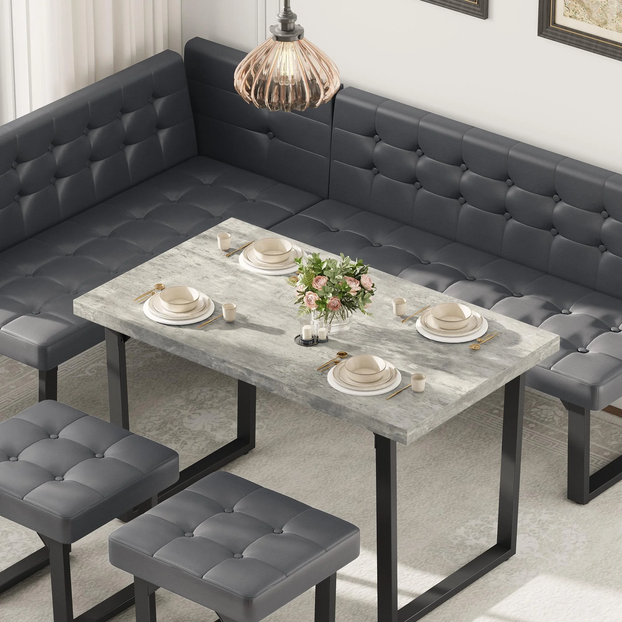 Brafab 5 Piece Corner Dining Breakfast Nook with Table and Bench Modern Kitchen Table Set with Gray Upholstered Banquette Seating