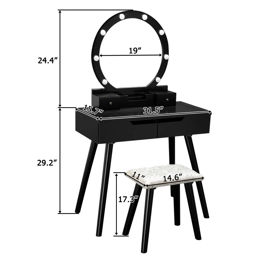 Ktaxon Vanity Set with Round Lighted Mirror, Makeup Dressing Table with 8 Light Bulbs & Cushioned Stool Set,Bedroom Vanities Set Black