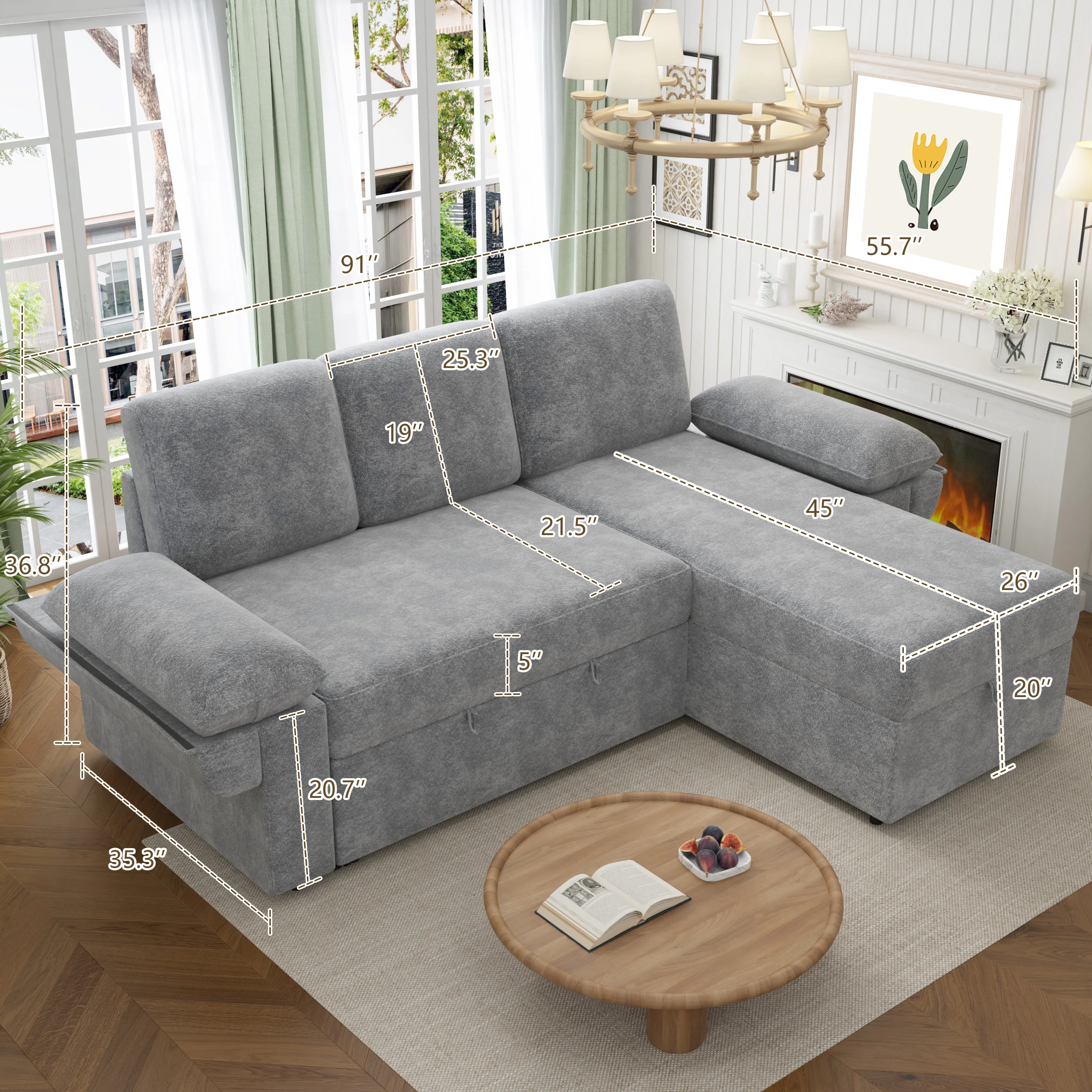 VANACC Sofa Bed, Adult Sleeper Sofa with Storage Chaise, Pull Out Couch for Bed Room, Gray Chenille