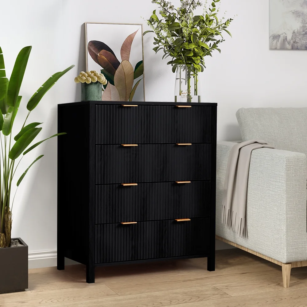 YOCWO Fluted Nightstand for Bedroom Set of 2 , Wood Bedside Table Set of 2 with Drawers, Black