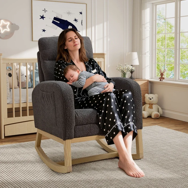 FFH Rocking Chair Nursery, Tufted Accent Rocker Chair, Upholstered Armchair with Adjustable Footrest, Side Pocket, High Backrest, Padded Seat, Polyester Blend (Retro, Dark Gray)