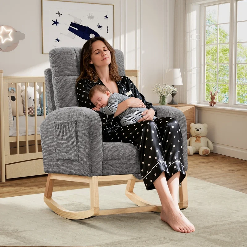 FFH Rocking Chair Nursery, Tufted Accent Rocker Chair, Upholstered Armchair with Adjustable Footrest, Side Pocket, High Backrest, Padded Seat, Polyester Blend (Retro, Dark Gray)