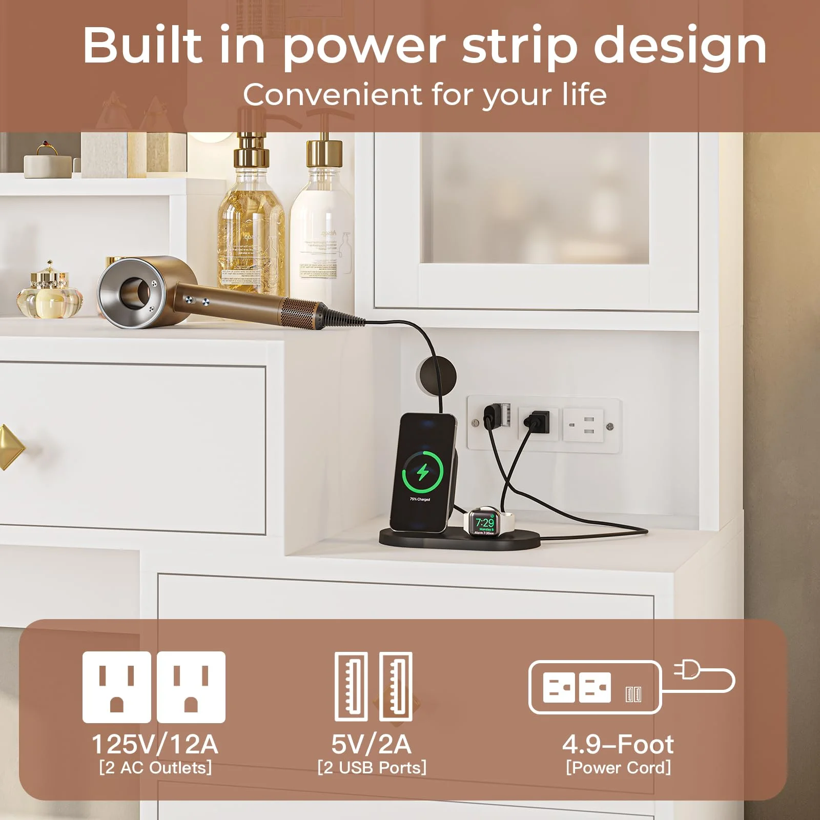 Afuhokles Large Makeup Vanity with Lights, Vanity Table with Charging Station Vanity Desk with Mirror and 10 LED Light Bulbs, 5 Drawers, White