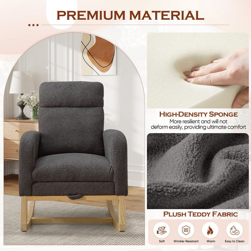 FFH Rocking Chair Nursery, Tufted Accent Rocker Chair, Upholstered Armchair with Adjustable Footrest, Side Pocket, High Backrest, Padded Seat, Polyester Blend (Retro, Dark Gray)