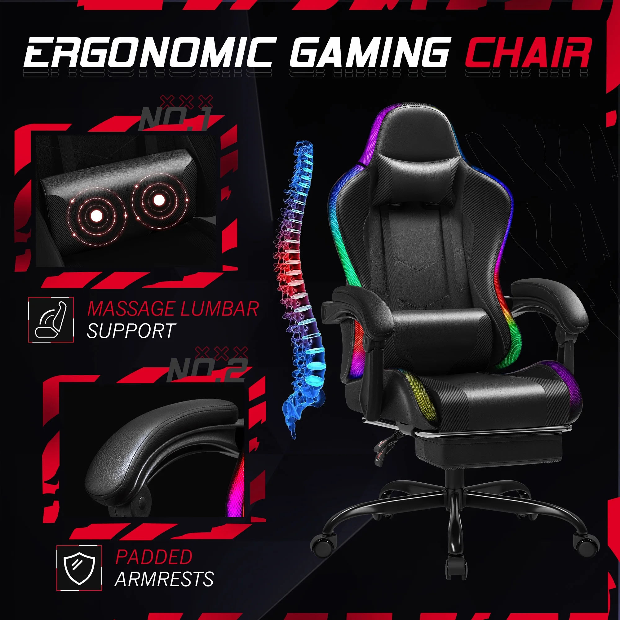 Homall RGB Gaming Chair with Massage and LED Lights Ergonomic Computer Chair with Footrest & Adjustable Lumbar Support, White