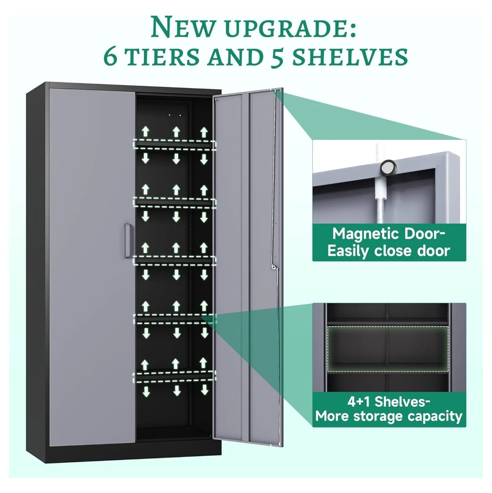 KriKac Metal Storage Cabinets with Lock Doors,Tall Locker Organizer Steel Garage Cabinets, 5 Adjustable Layers Shelves for Home, Office, Warehouse,Tool,Industrial(Black)