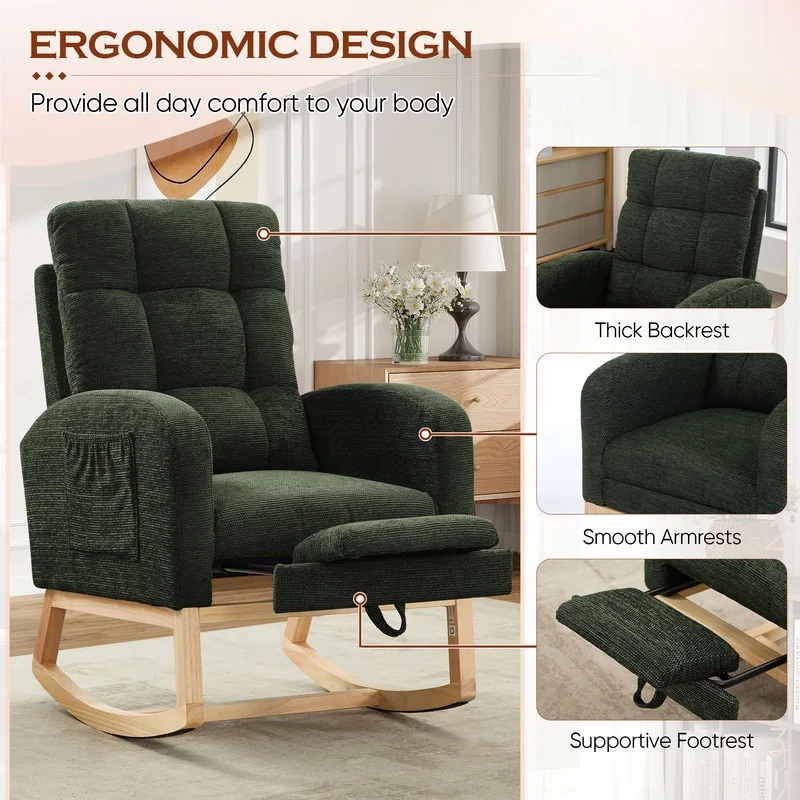 FFH Rocking Chair Nursery, Tufted Accent Rocker Chair, Upholstered Armchair with Adjustable Footrest, Side Pocket, High Backrest, Padded Seat, Polyester Blend (Retro, Dark Gray)