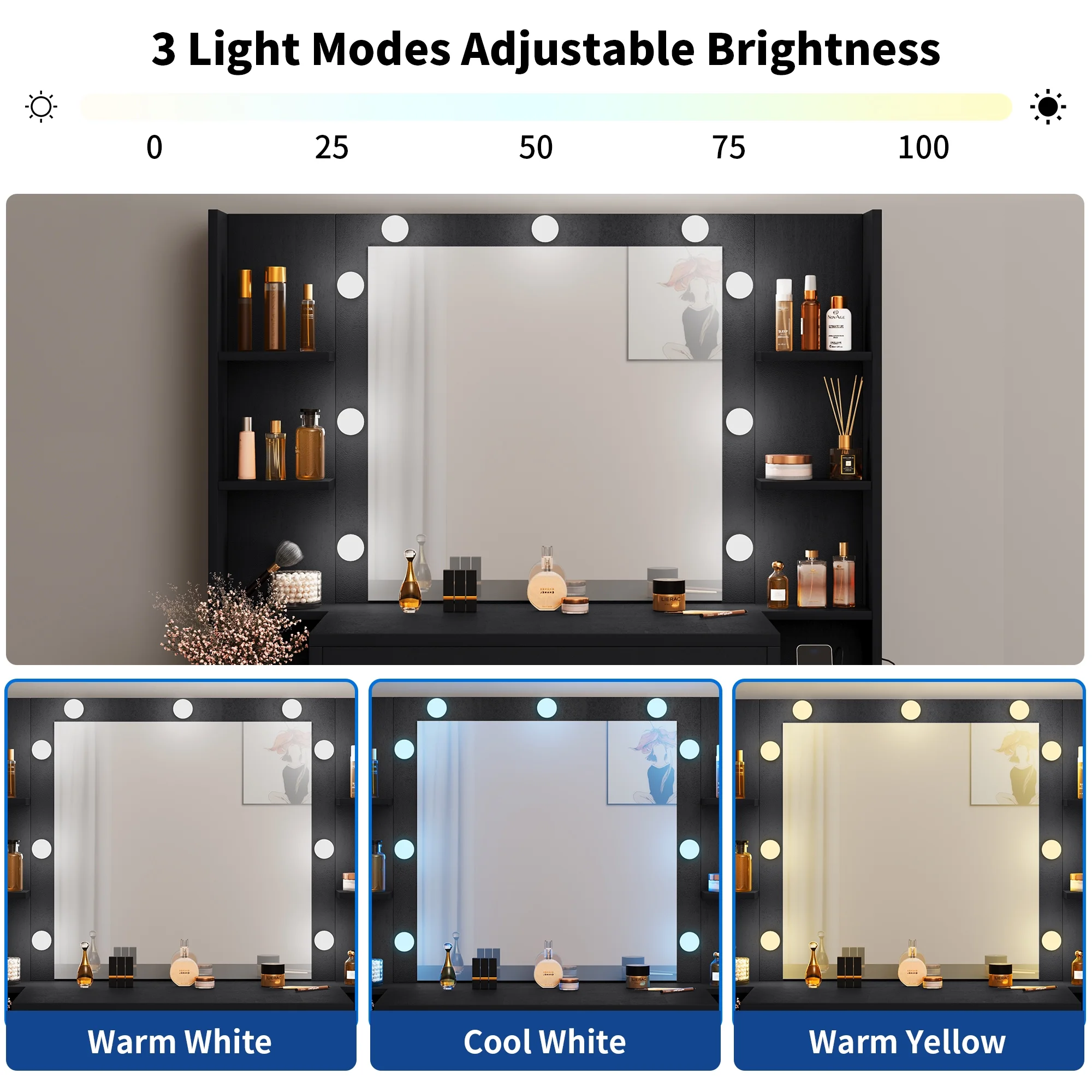 Dextrus Elegant Makeup Vanity Set with Lighted Mirror and Drawers, White Makeup Desk,Dressing Table for Girls