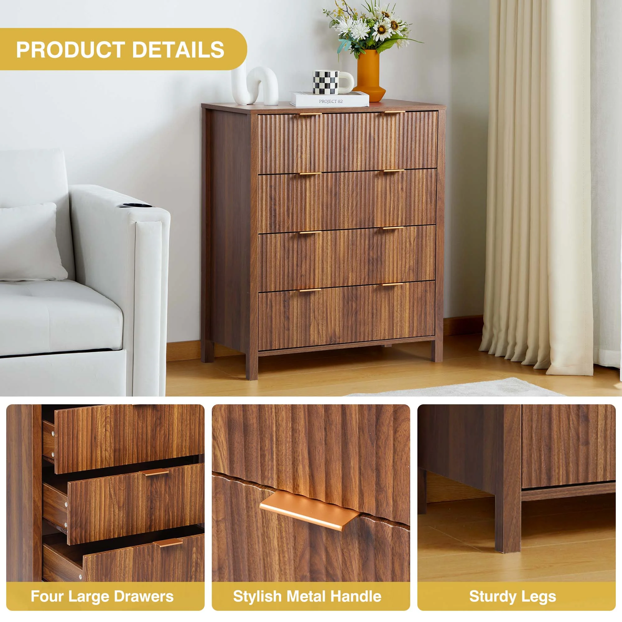 YOCWO Fluted Nightstand for Bedroom Set of 2 , Wood Bedside Table Set of 2 with Drawers, Black