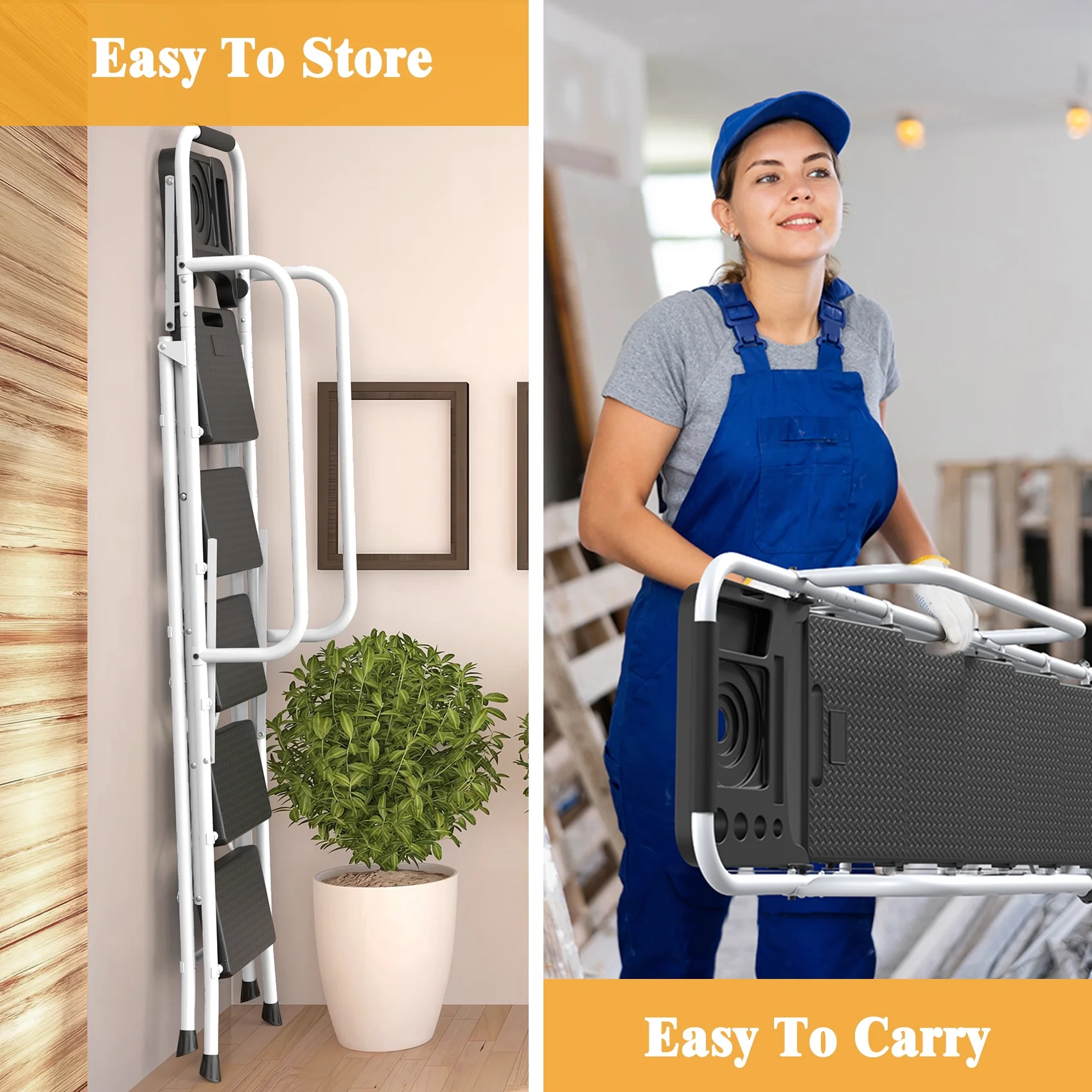 JOZ 5-Step Ladder, 350lbs Portable Folding Ladders for Home, with Handrails and Tool Tray and Anti-Slip Pedal, Black