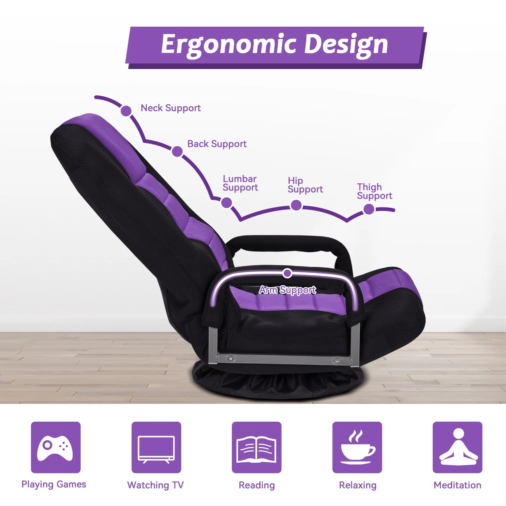 Avocahom Swivel Gaming Floor Chair w/ Armrest Handles, No Assembly gaming chair rocker, Folding Reclining Sofa w/6 Position Adjustable Backrest for Video Games, Watching TV, Reading,Blue