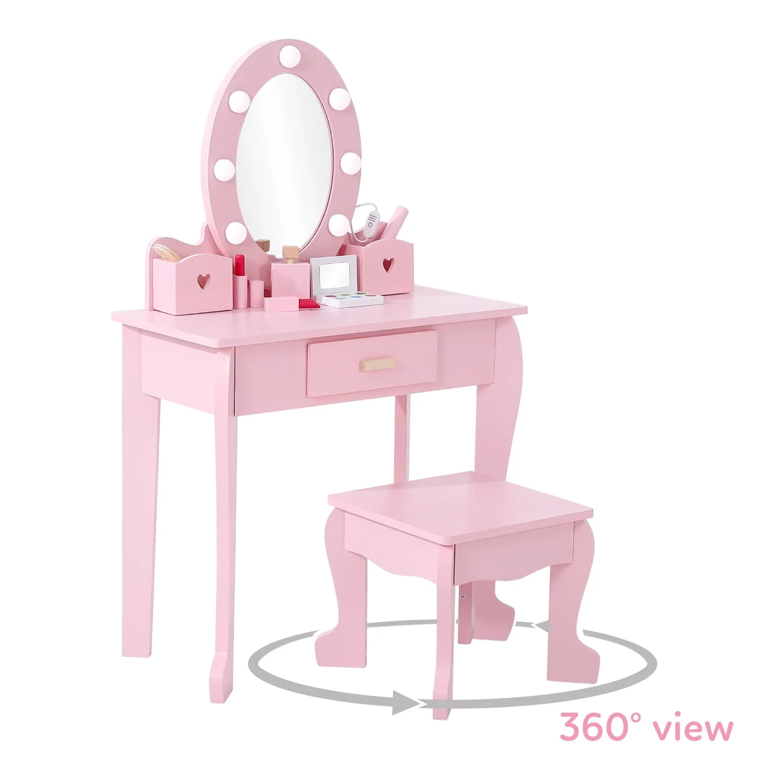 Girl Vanity Table and Chair Set, Kids Wood Makeup Dressing Table with Lights, Mirror, Drawer & Stool