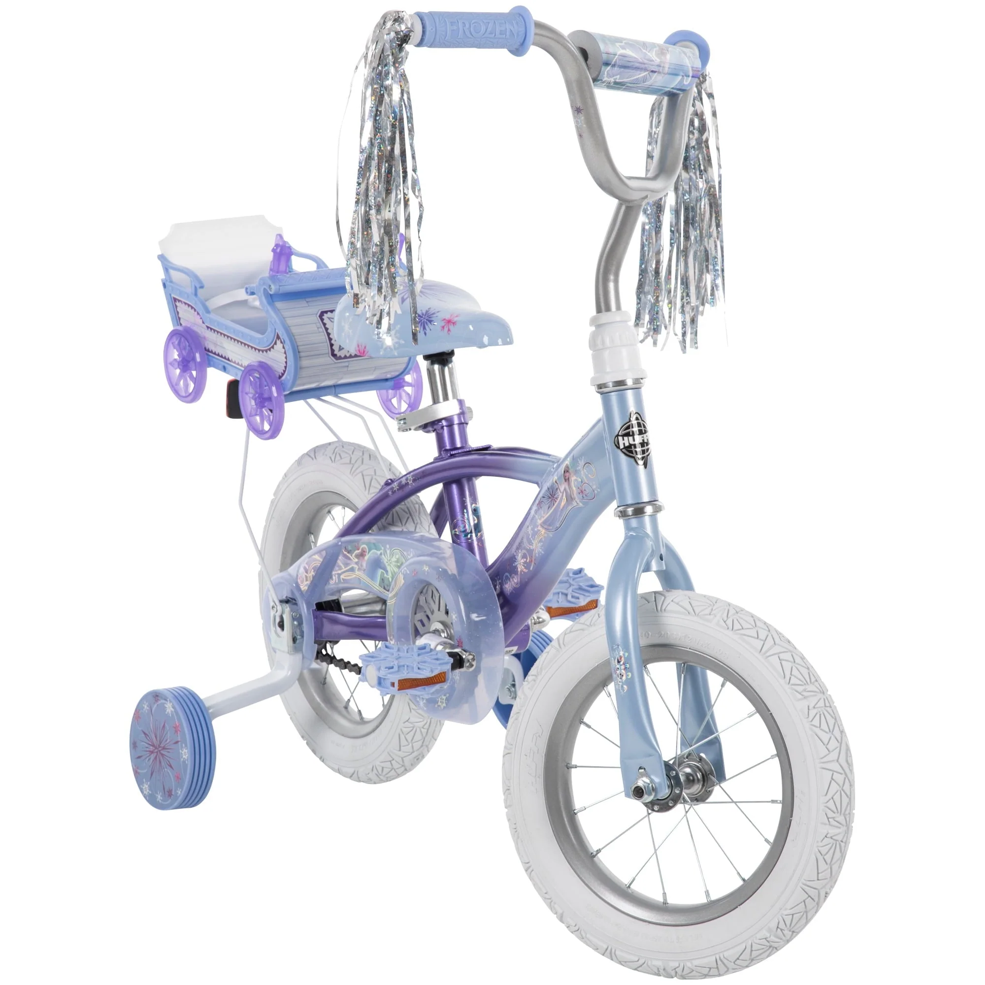 Disney Frozen 12 in. Bike with Doll Carrier Sleigh for Girl's, Ages 2+ Years, White and Purple by Huffy