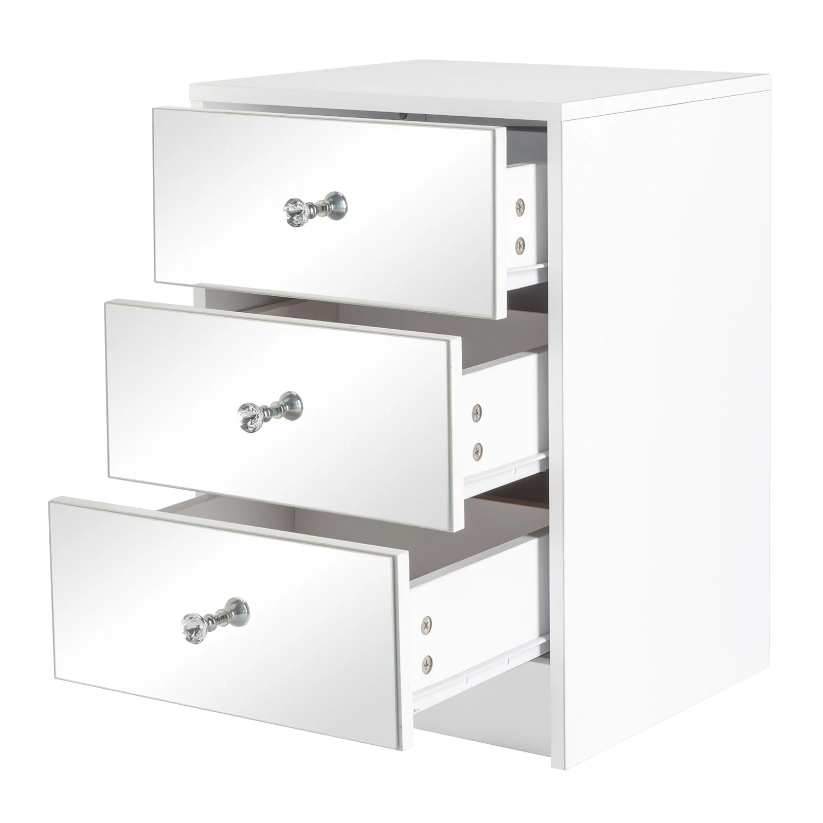 Ktaxon Mirrored Nightstand, End Table with 3-Drawer and Crystal Style Knobs, Modern Bedside Table for Bedroom, Living Room,White
