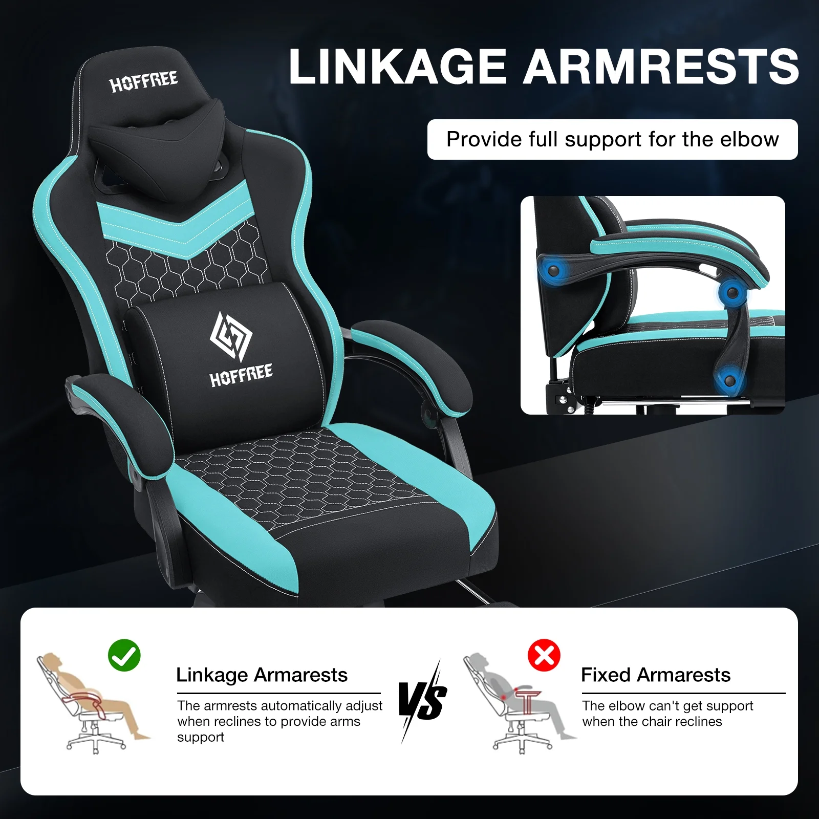 Hoffree Gaming Chair with Speakers Fabric Gamer Chair with footrest and massage Big and Tall Video Game Chair with Headrest and Lumbar Support for Adults