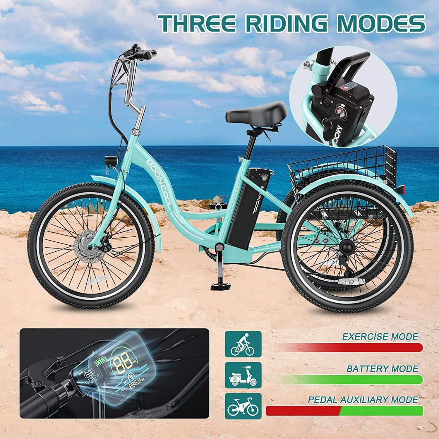 MOONCOOL Electric Tricycle, 350W 36V 24 Inches 7 Speeds 3 Wheels Electric Bikes for Adults, Motorized Electric Trike Three Wheel Electric Bicycle