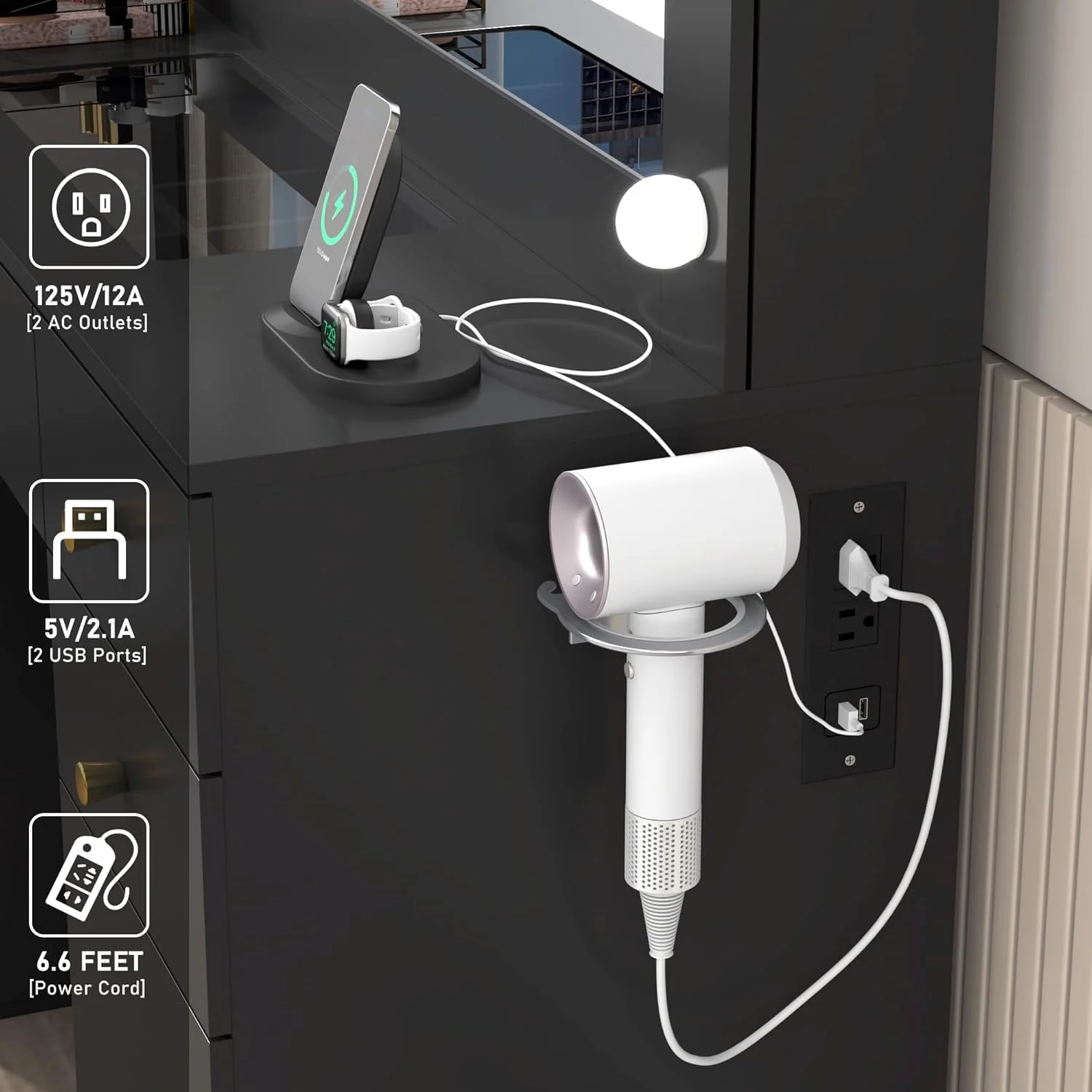 White Vanity Desk with Large Lighted Mirror & Power Outlet, Makeup Vanity Table with Glass Top & Drawers, Sliding Storage, 44.1