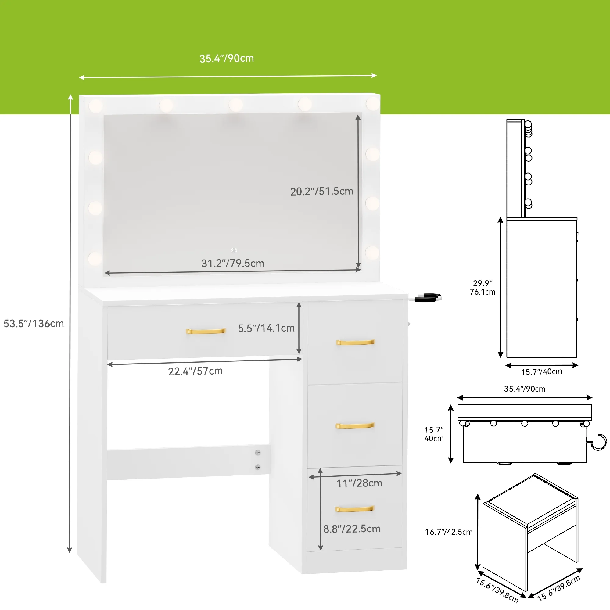 Dextrus Makeup Vanity Desk with Large Lighted Mirror and Storage - Enhance Your Beauty, Routine 4 Drawer Vanity Table with Cushioned Stool, Milky-White